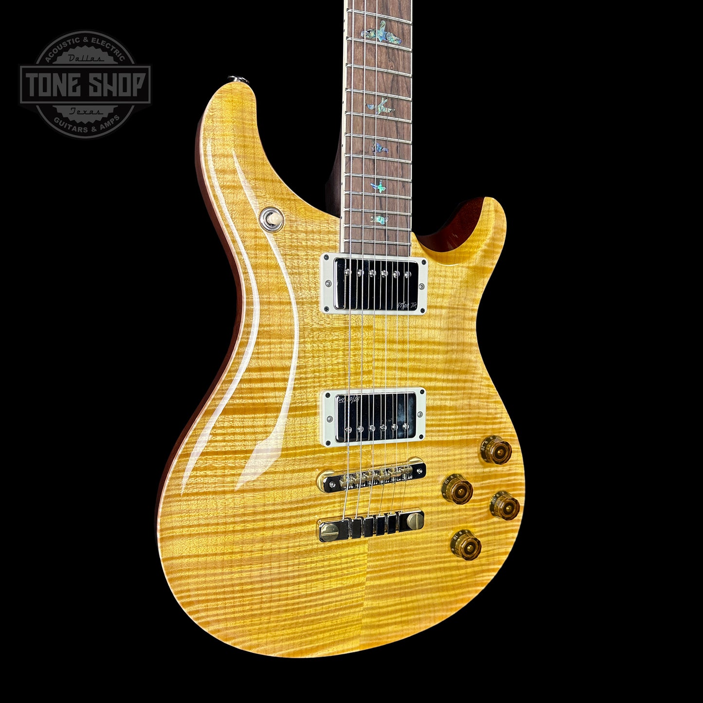 Front angle of PRS Wood Library McCarty 594 Honey 10-top Brazilian FB.