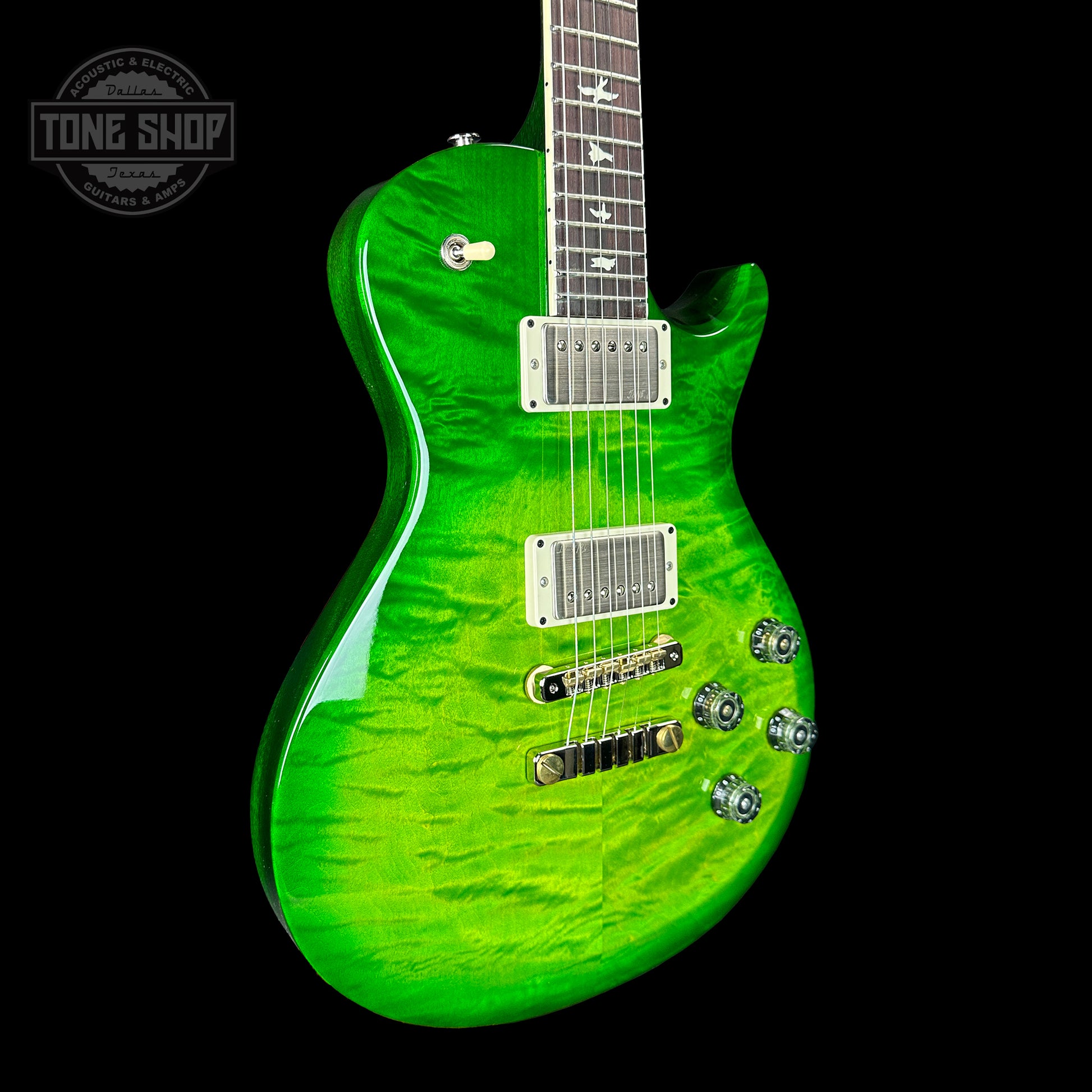 Front angle of PRS S2 McCarty 594 Singlecut 2024 Spec TSG Quilt Top Eriza Verde.