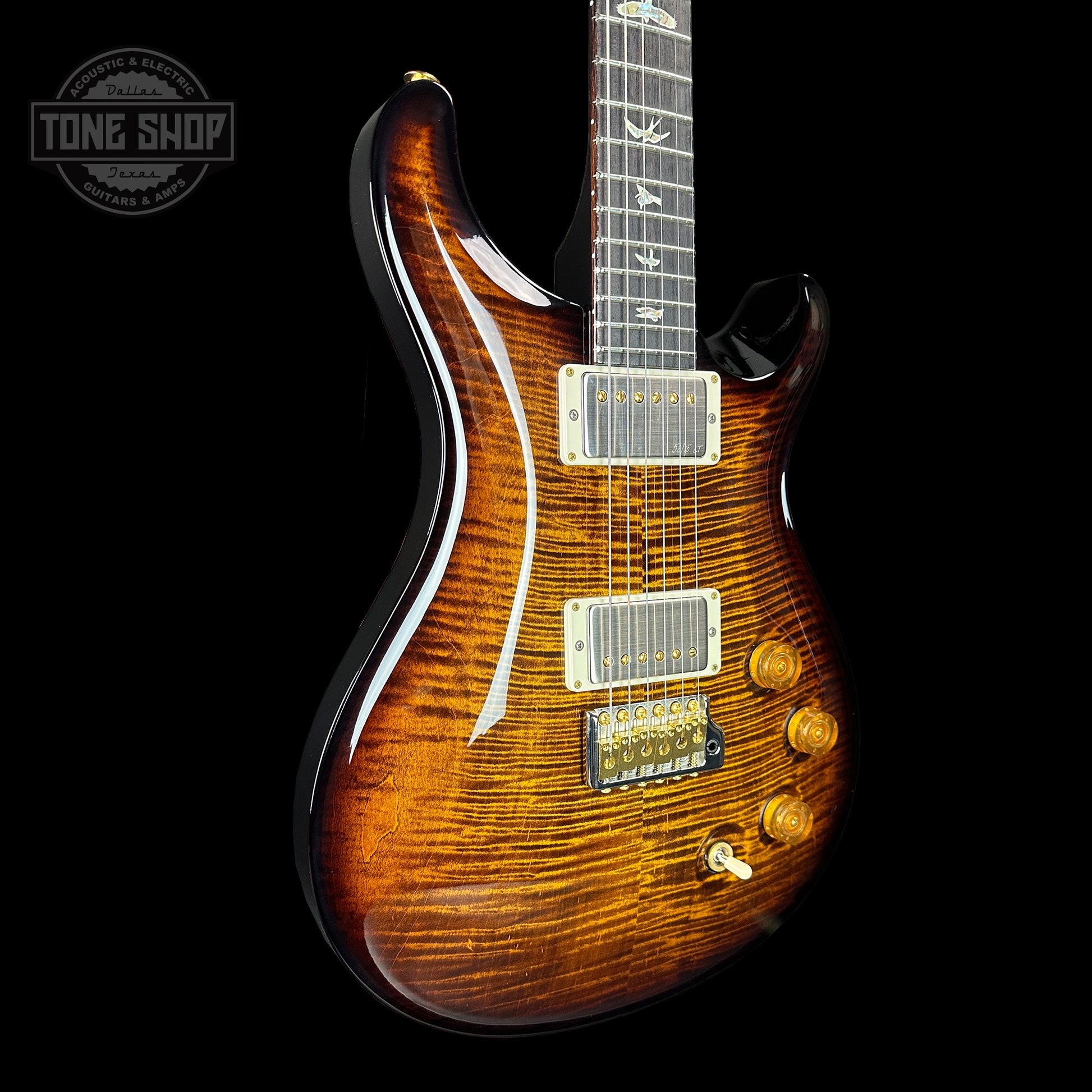 Front angle of PRS DGT Black Gold Wraparound Burst 10 Top Birds.