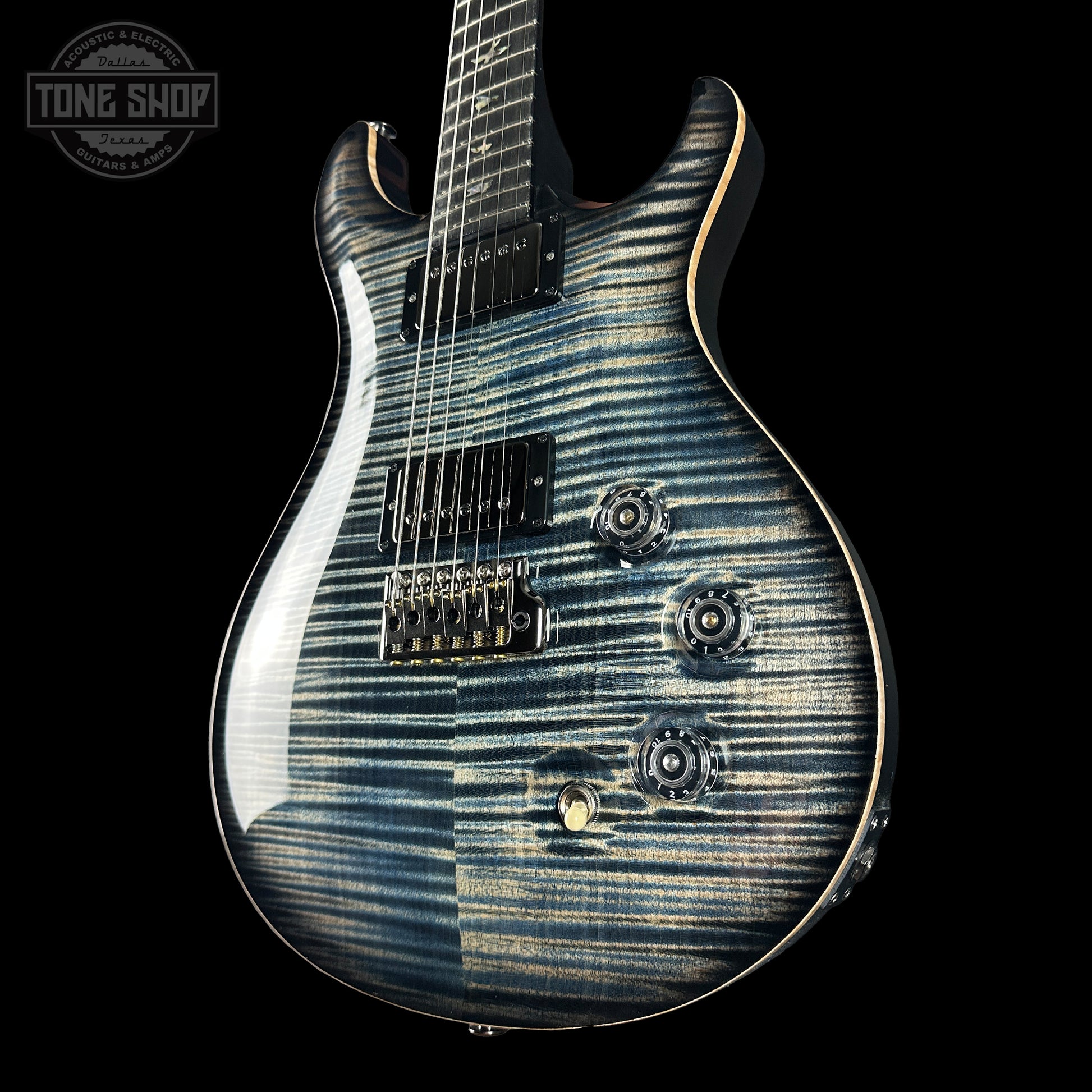 Front angle of PRS Wood Library DGT Faded Whale Blue Smokeburst 10 Top Swamp Ash w/Stained Neck.