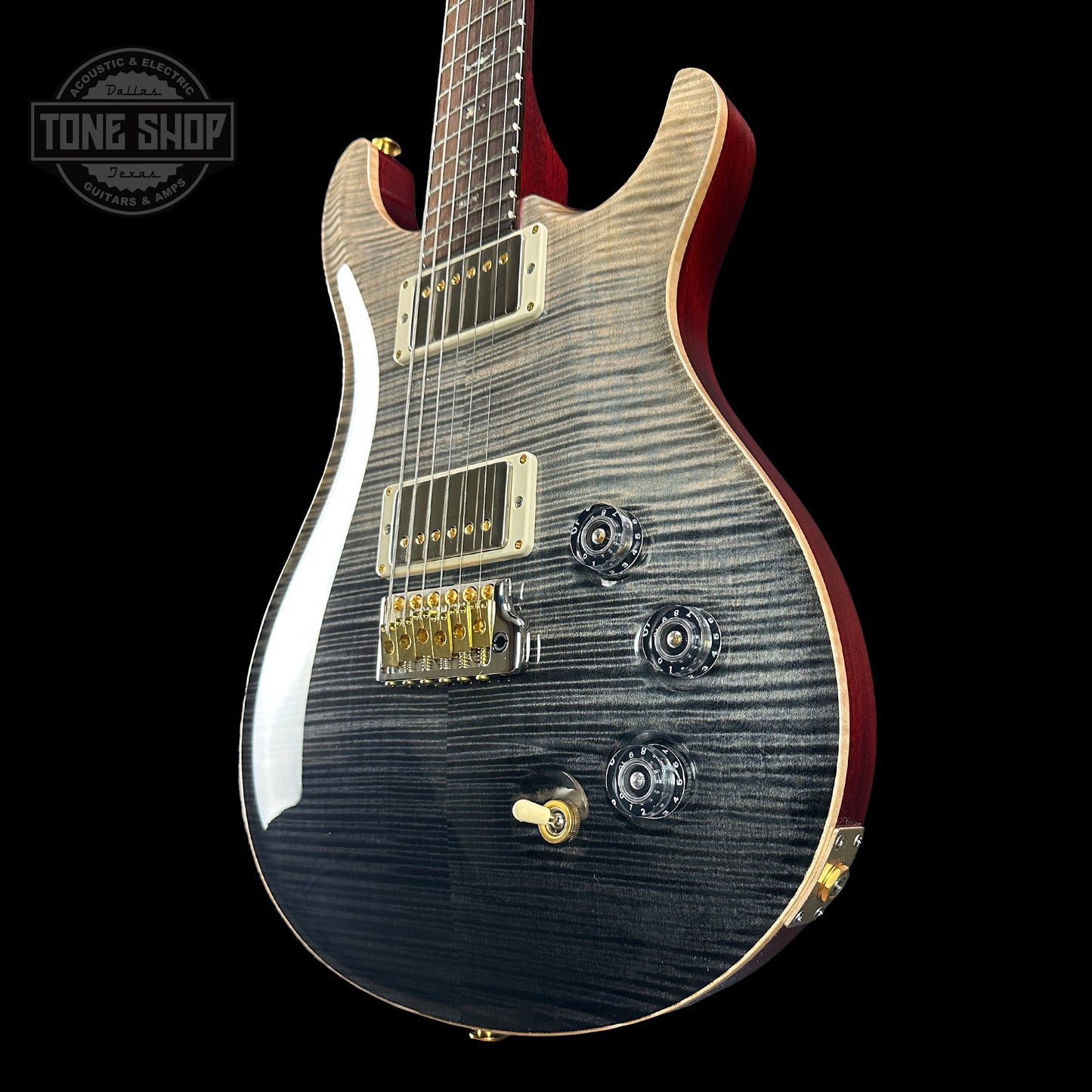 Front angle of PRS Wood Library DGT Frostbite Dark Back Artist Top Brazilian Board.