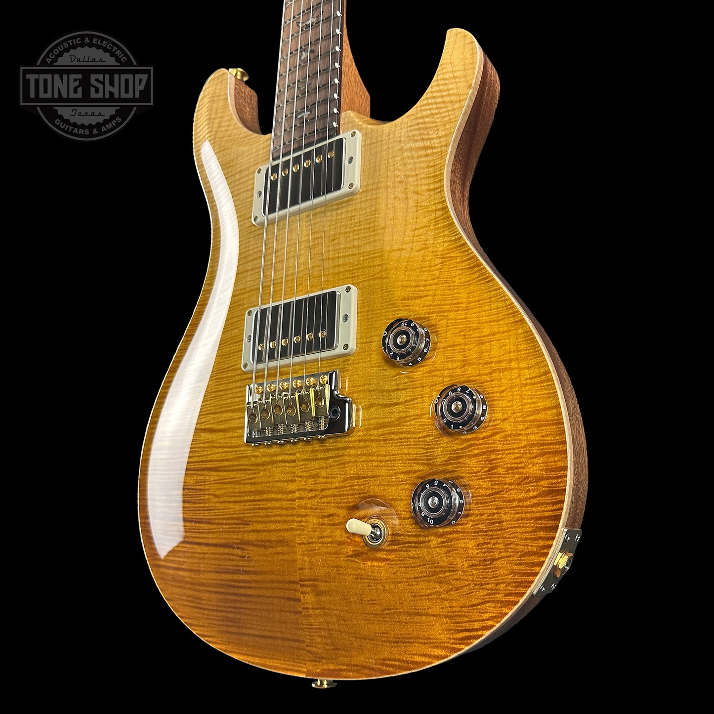 Front angle of PRS TSG Anniversary Wood Library Artist DGT Gold Storm Fade Brazilian Rosewood.