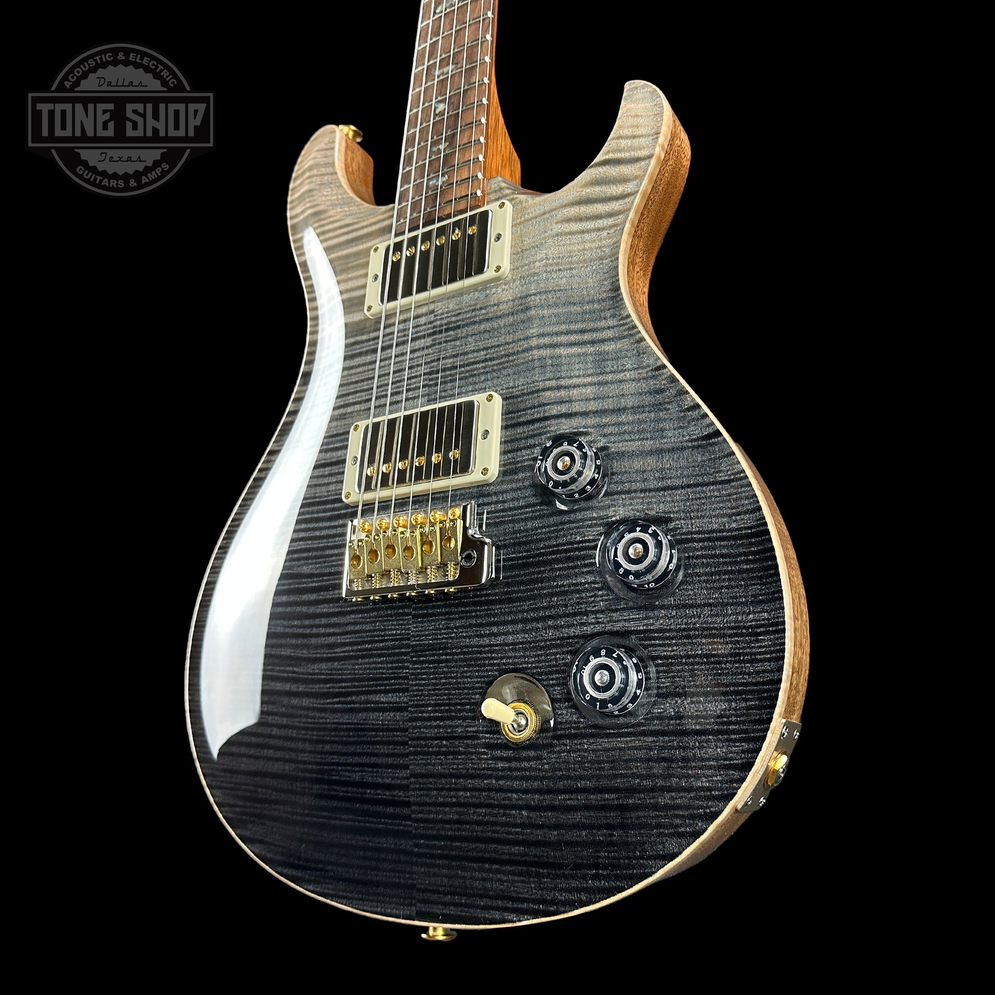 Front angle of PRS TSG Anniversary Wood Library Artist DGT Frostbite Smokeburst Brazilian Rosewood.