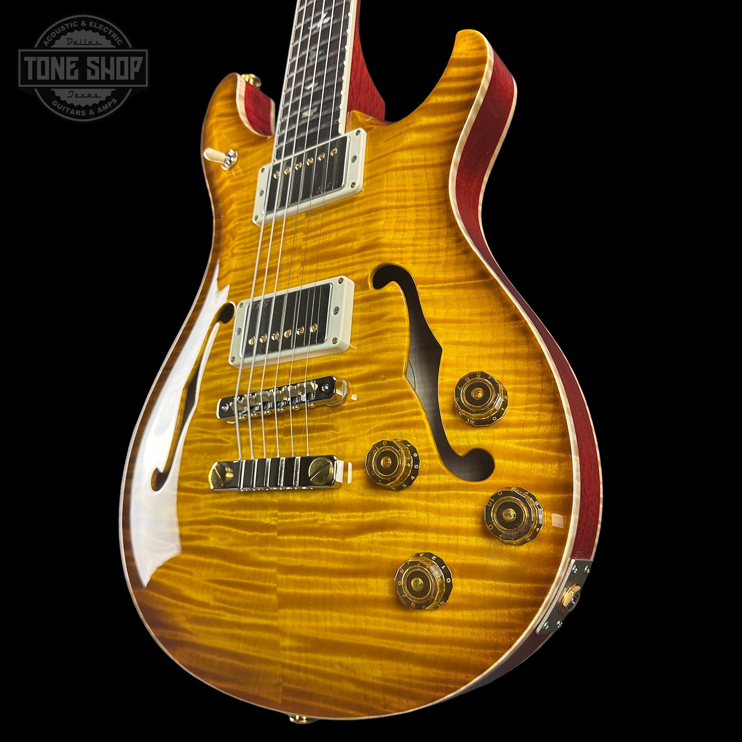 Front angle of PRS Paul Reed Smith McCarty 594 Hollowbody II 10 Top McCarty Sunburst.