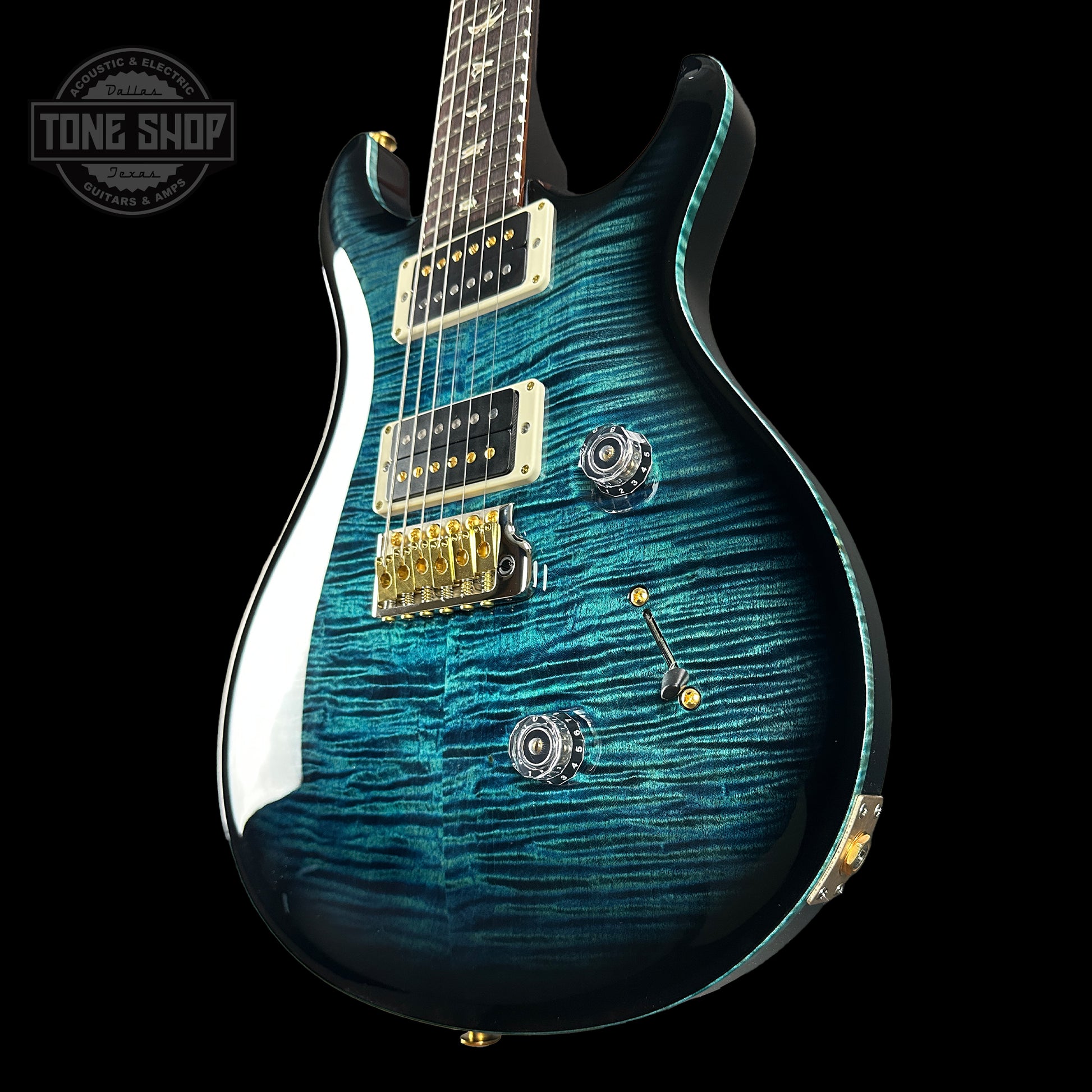 Front angle of PRS Paul Reed Smith Custom 24 10 Top Cobalt Smokeburst Birds.