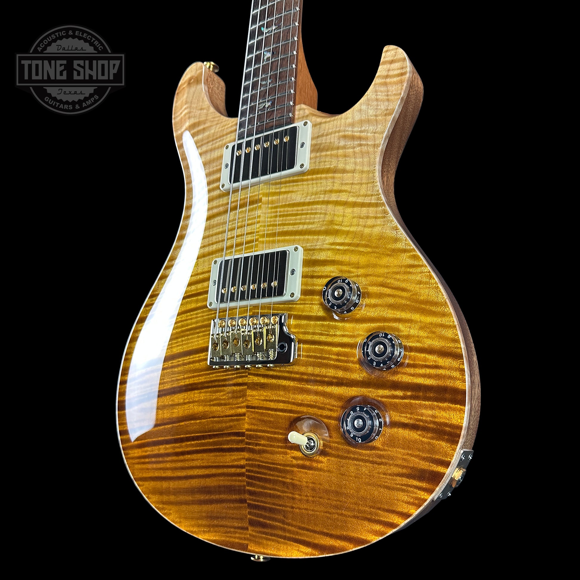 Front angle of PRS TSG Anniversary Wood Library Artist DGT Gold Storm Fade Brazilian Rosewood.