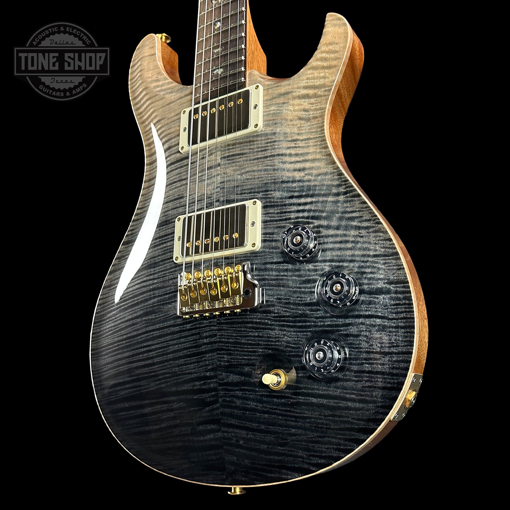 Front angle of PRS TSG Anniversary Wood Library Artist DGT Frostbite Brazilian Rosewood.