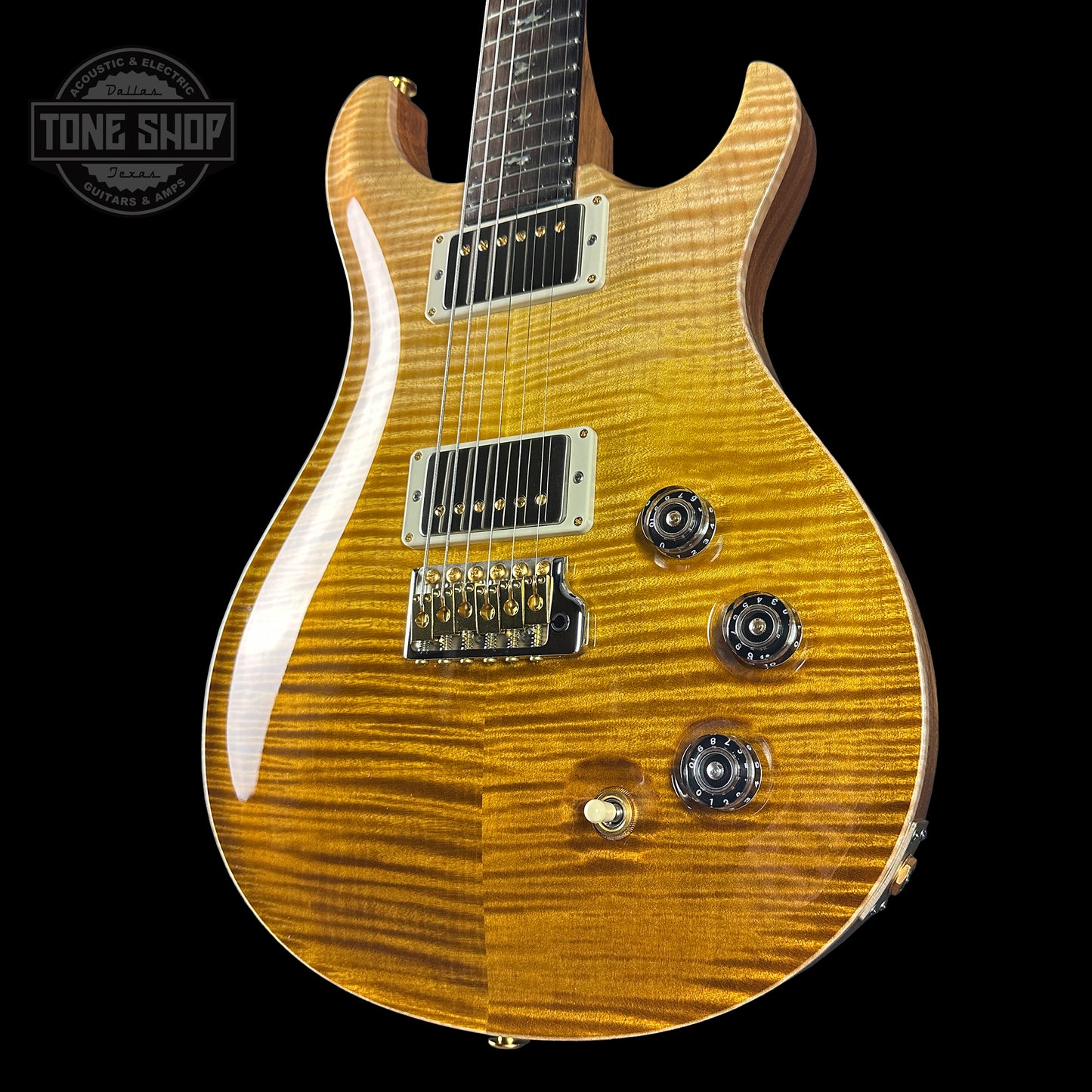 Front angle of PRS TSG Anniversary Wood Library Artist DGT Gold Storm Fade Brazilian Rosewood.