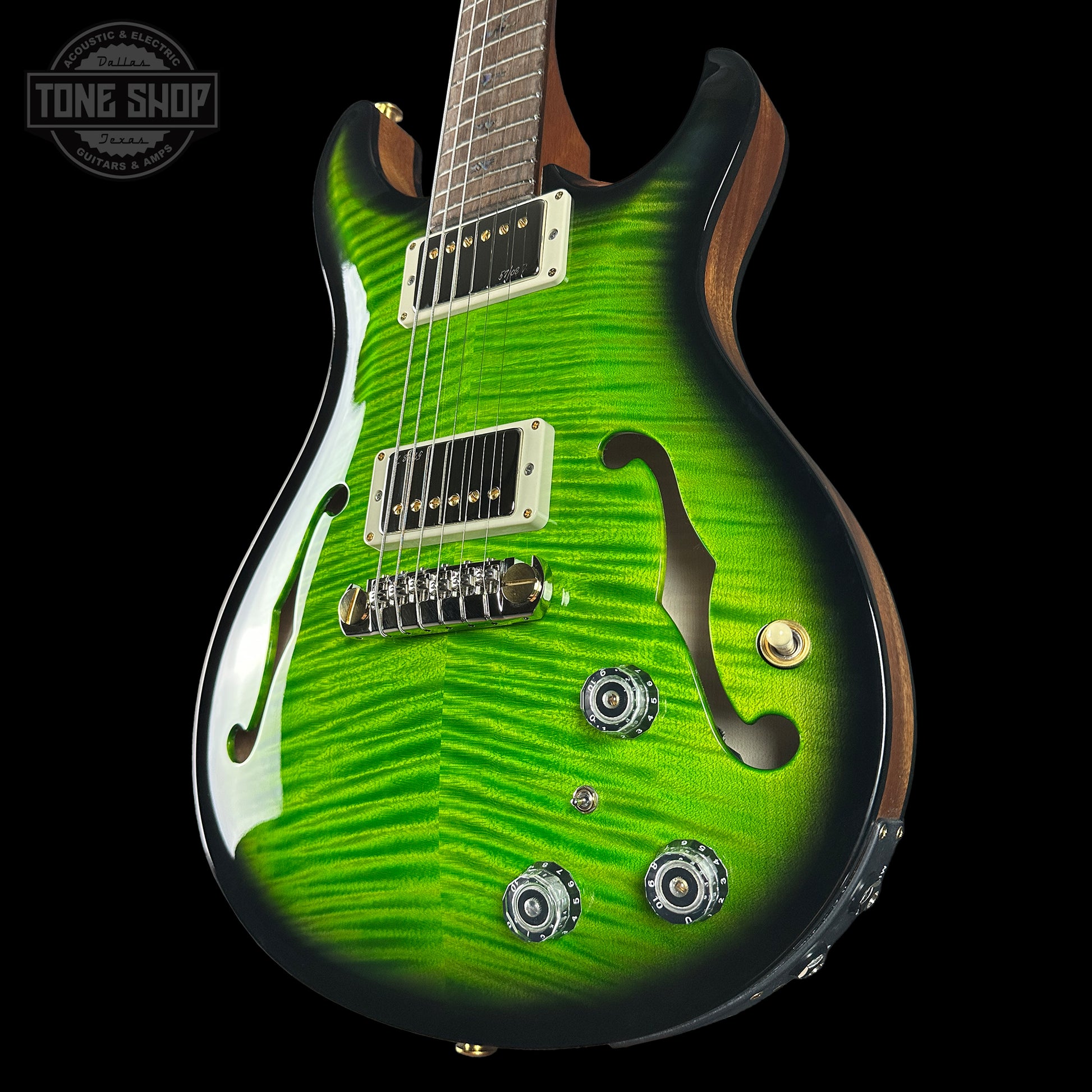 Front angle of PRS Wood Library Hollowbody II Piezo 10 top Eriza Verde Smokeburst Brazilian RW.