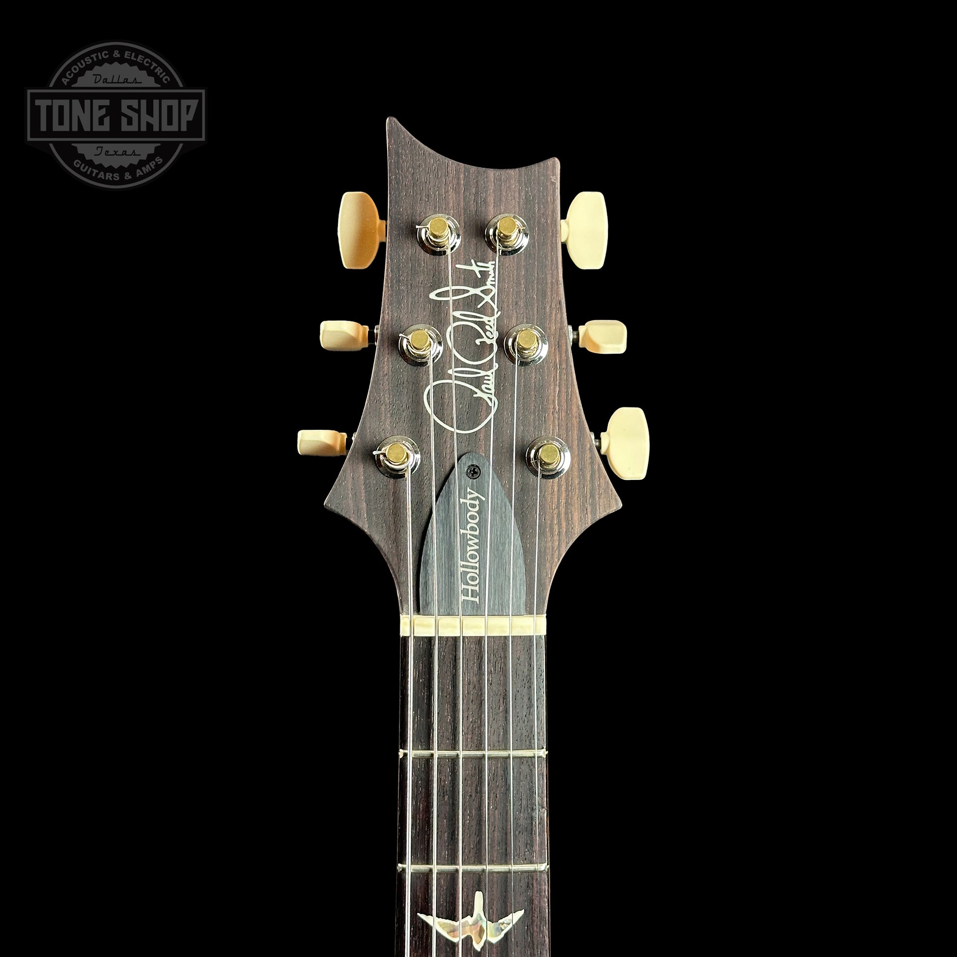 Front of headstock of PRS Hollowbody II Piezo 10-top Red Tiger.