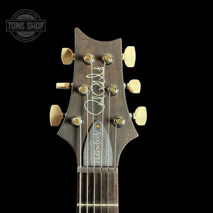 Front of headstock of PRS Wood Library Hollowbody II Piezo 10 top Livingston Lemondrop Braz.