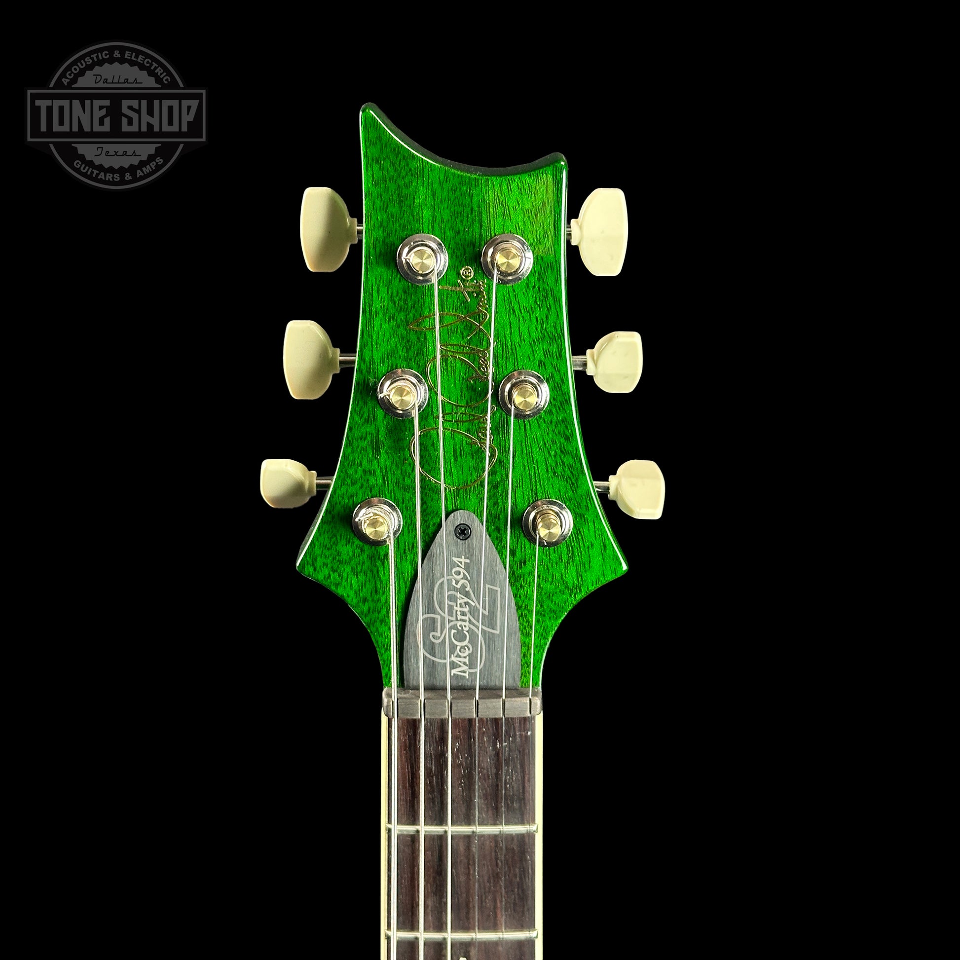 Front of headstock of PRS S2 McCarty 594 Singlecut 2024 Spec TSG Quilt Top Eriza Verde.