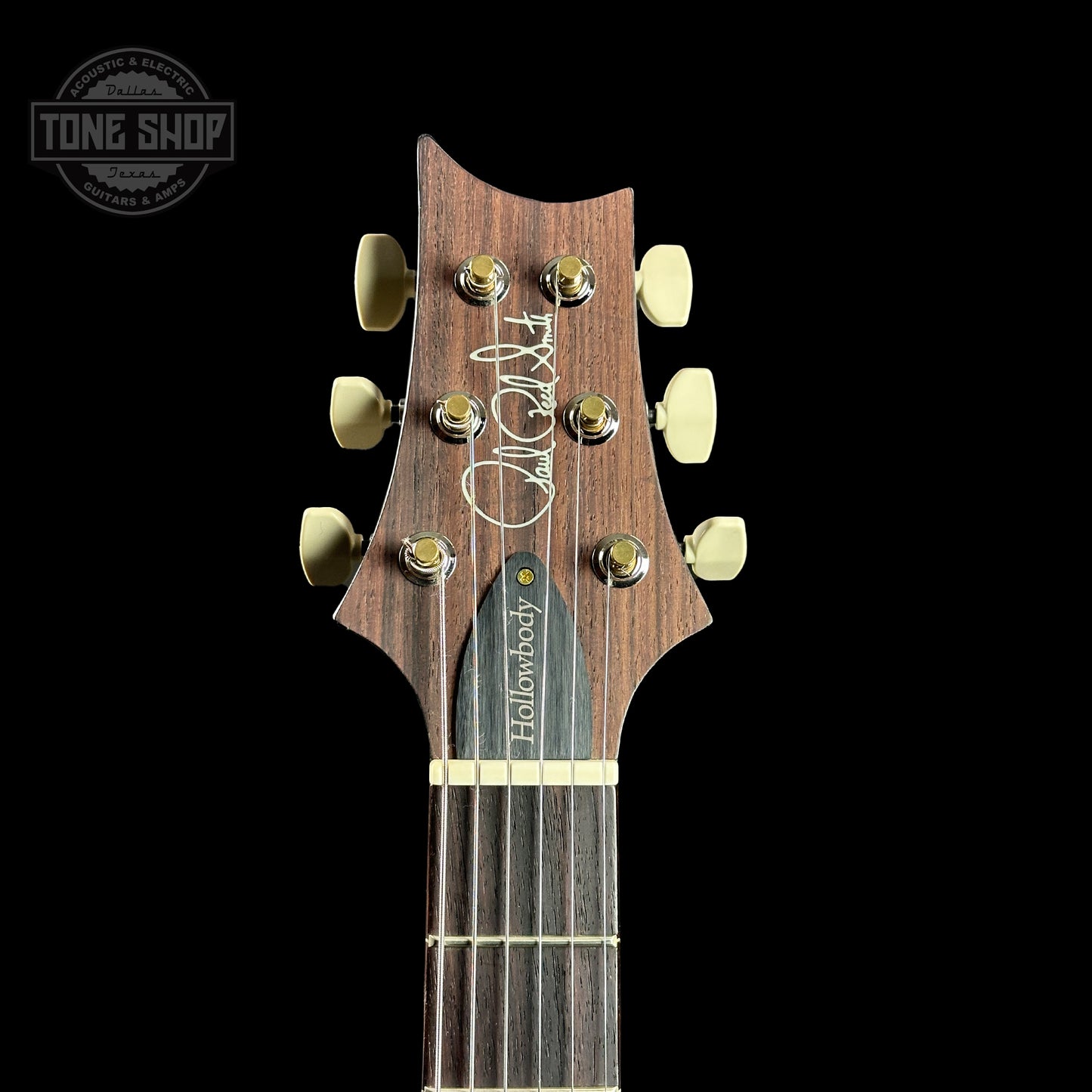 Front of headstock of PRS Hollowbody II Piezo 10-top Charocal.