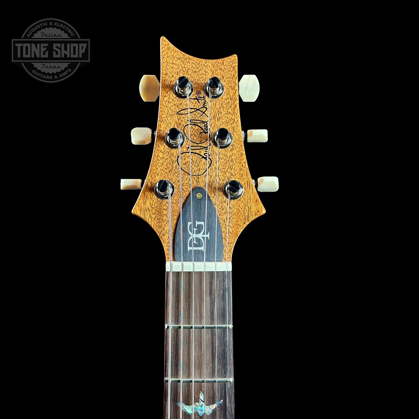 Headstock of PRS TSG Anniversary Wood Library Artist DGT Frostbite Brazilian Rosewood.