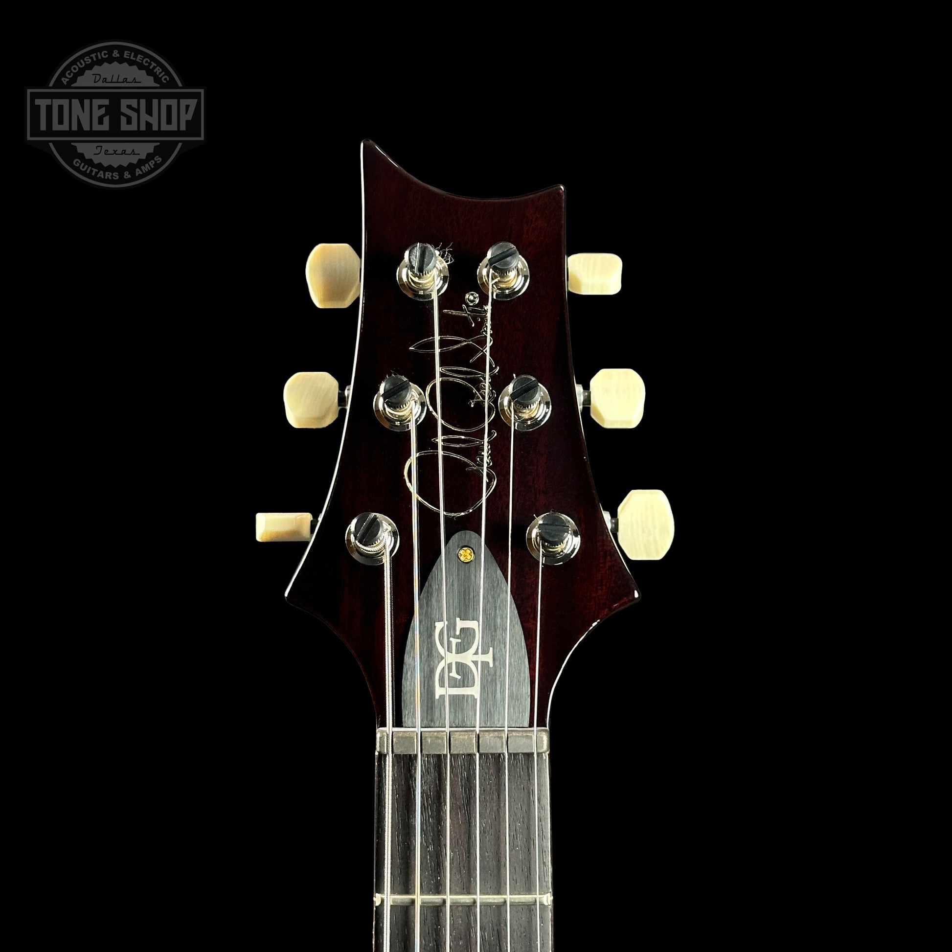 Front of headstock of PRS DGT McCarty Tobacco Sunburst 10 Top Birds.