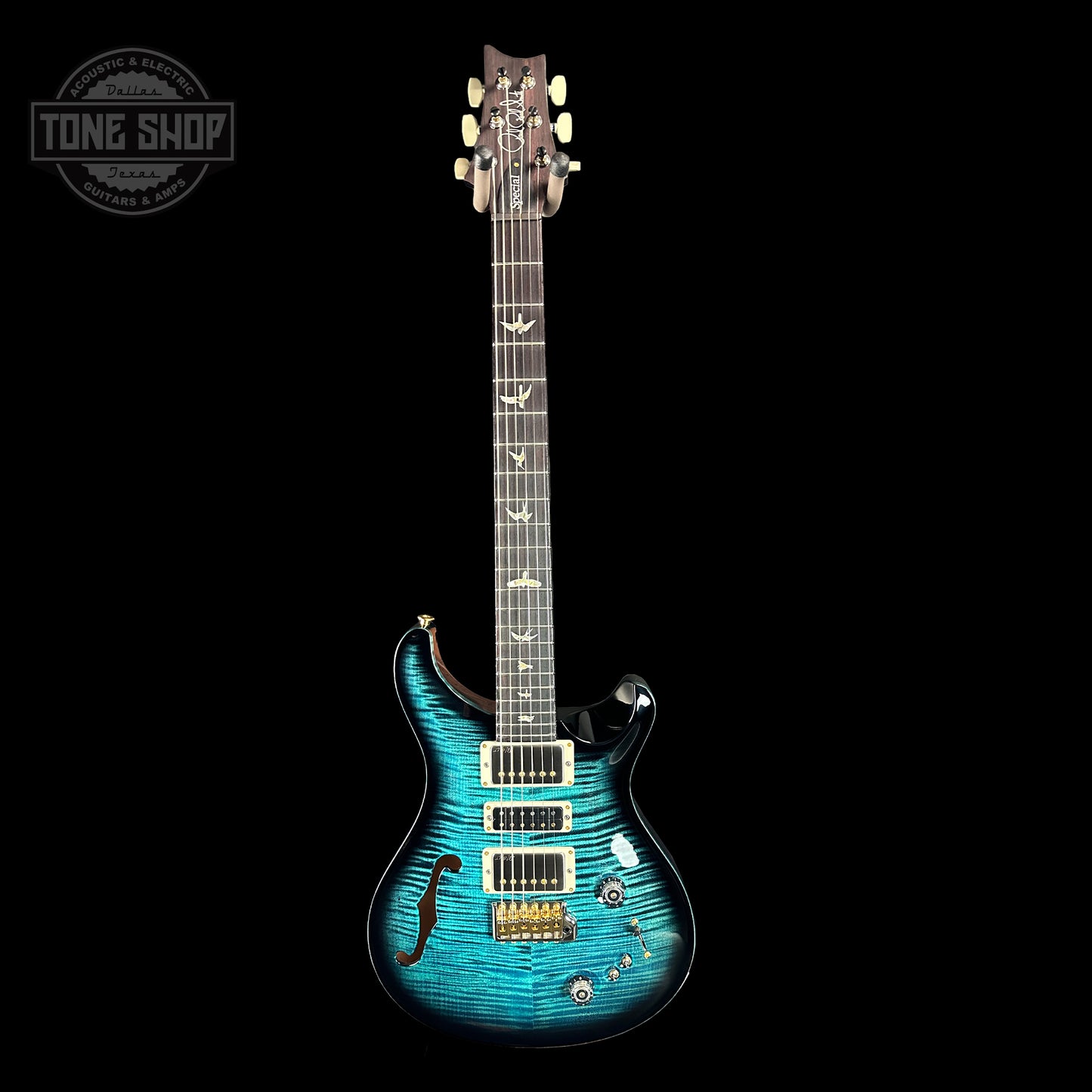 Full front of PRS Special Semi-hollow Cobalt Smokeburst 10 Top Birds.