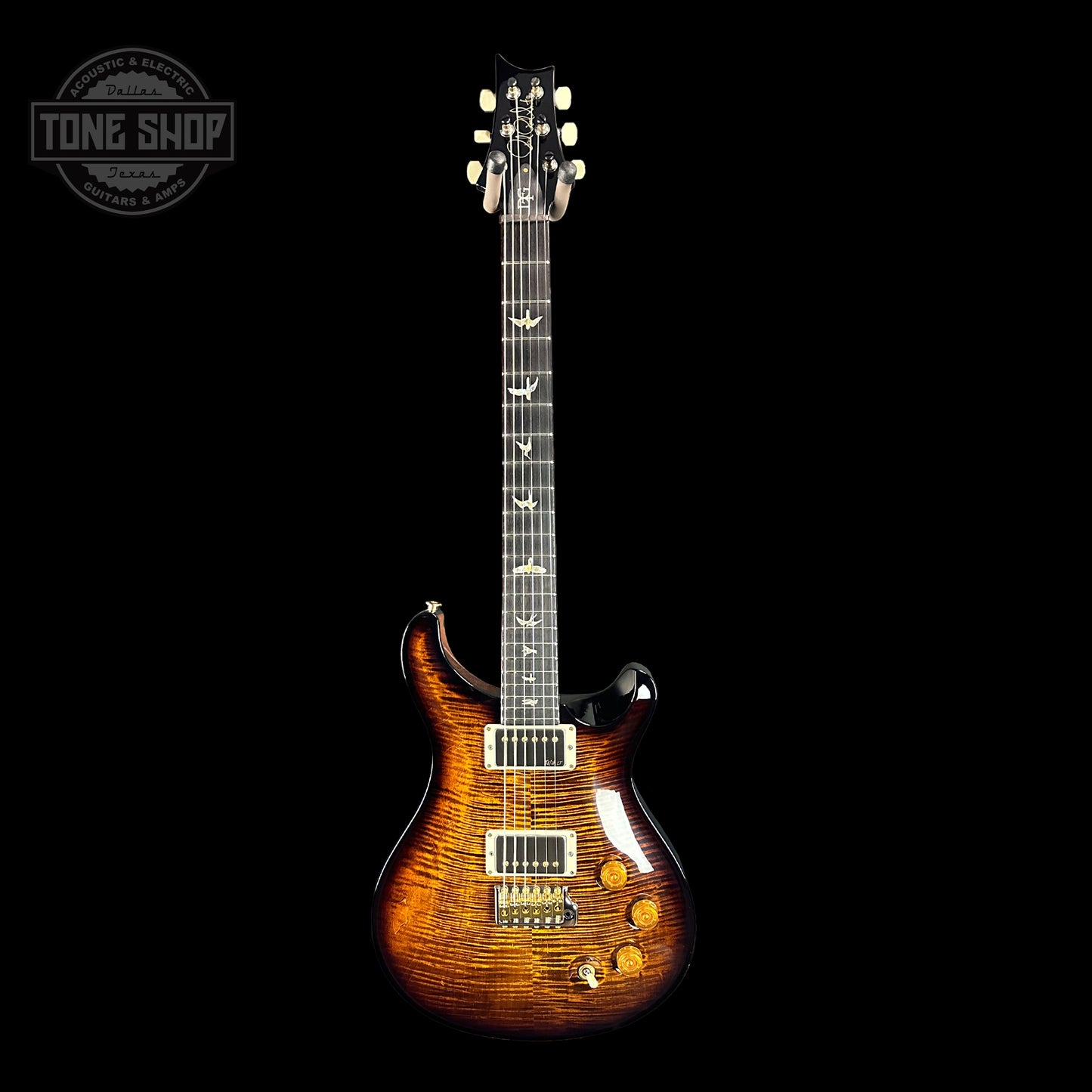 Full front of PRS DGT Black Gold Wraparound Burst 10 Top Birds.