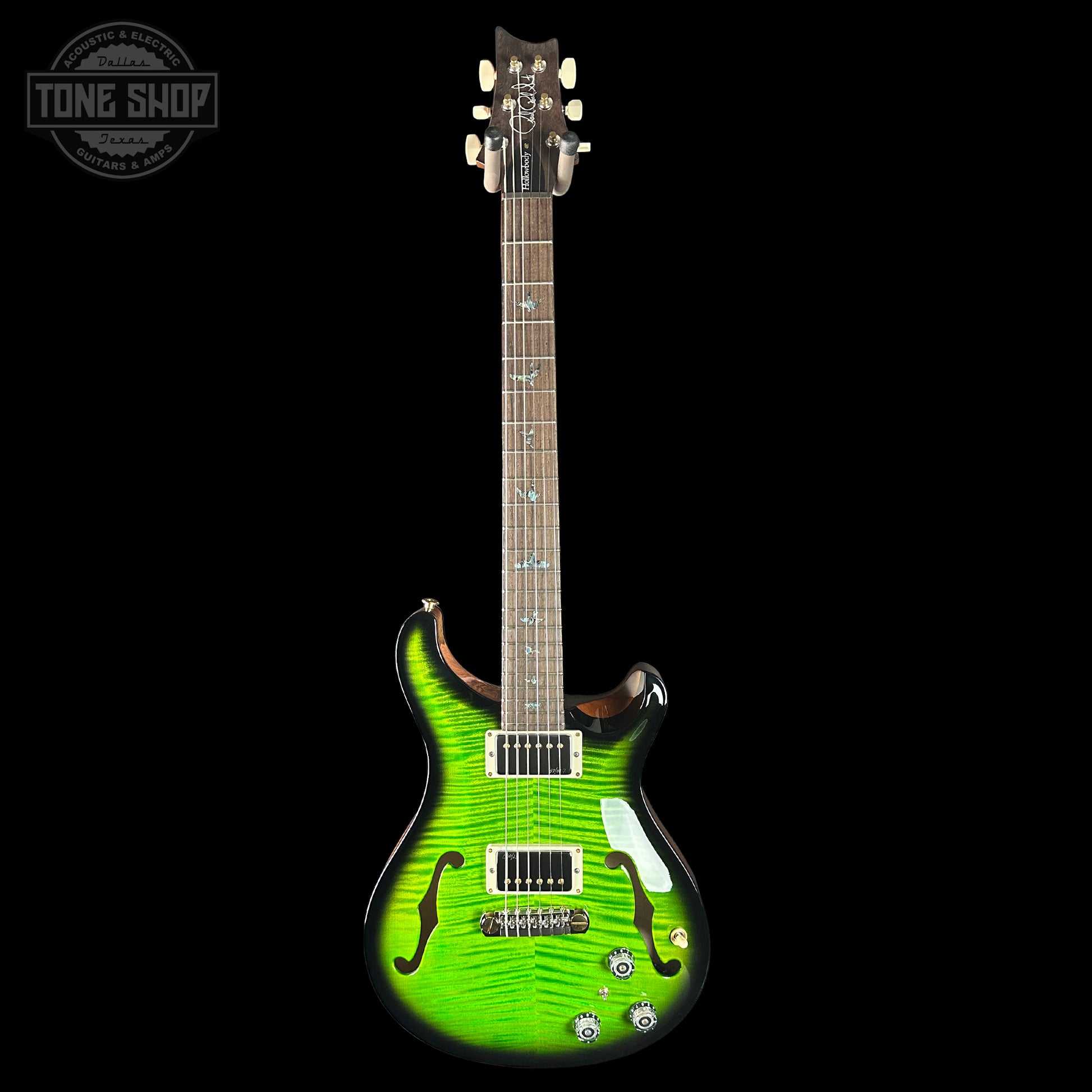 Full front of PRS Wood Library Hollowbody II Piezo 10 top Eriza Verde Smokeburst Brazilian RW.