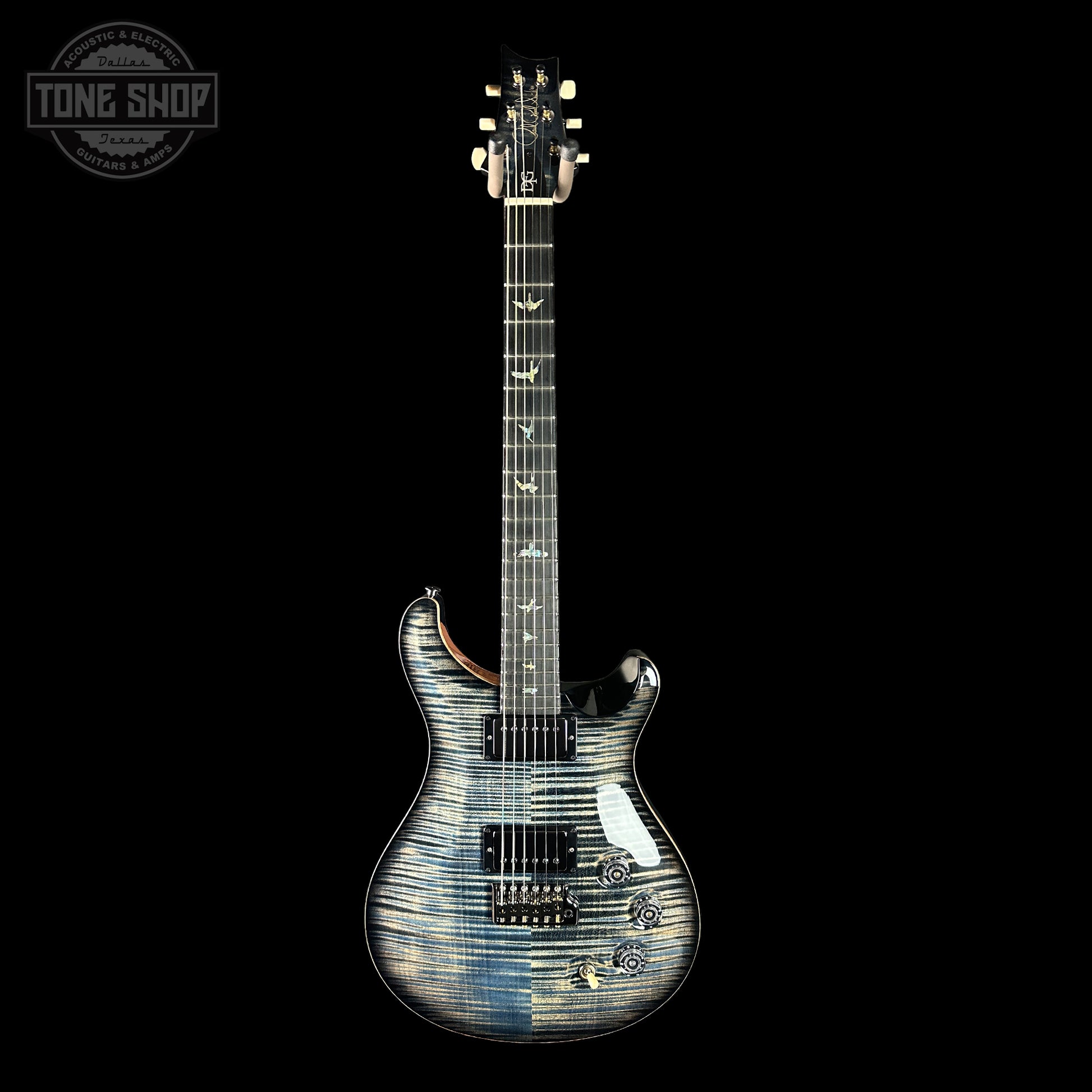 Full front of PRS Wood Library DGT Faded Whale Blue Smokeburst 10 Top Swamp Ash w/Stained Neck.