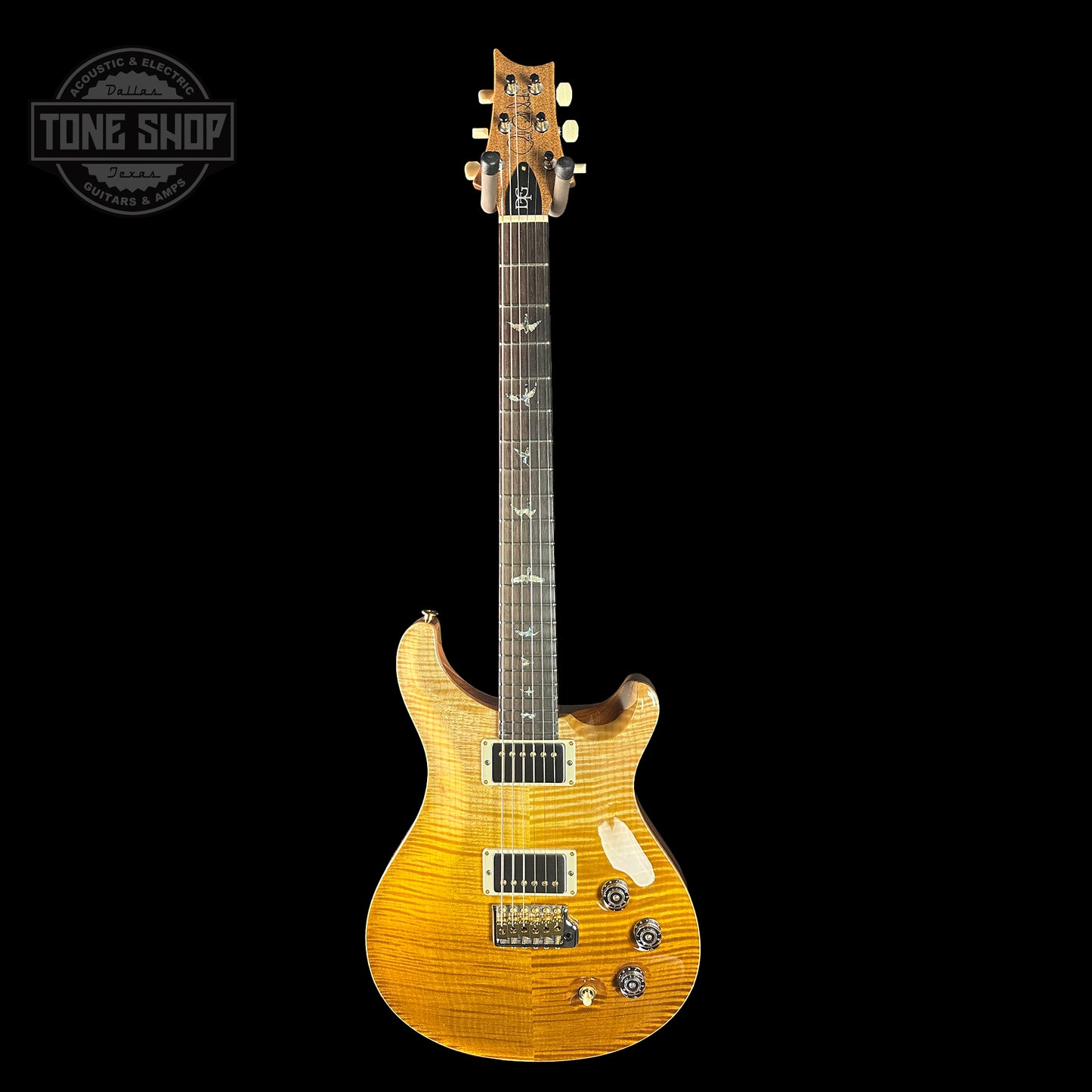 Full front of PRS TSG Anniversary Wood Library Artist DGT Gold Storm Fade Brazilian Rosewood.