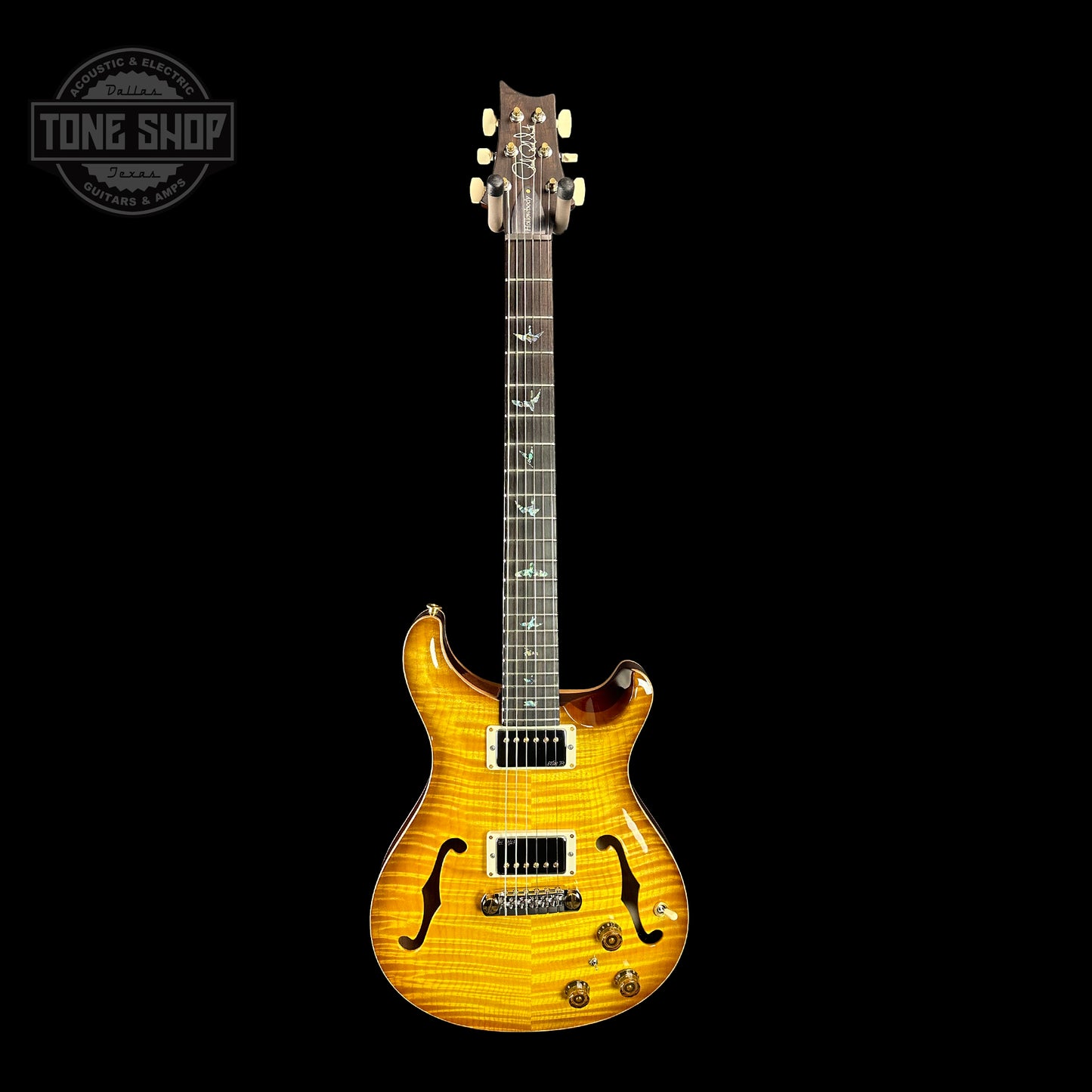 Full front of PRS Wood Library Hollowbody II Piezo 10 top Livingston Lemondrop Braz.