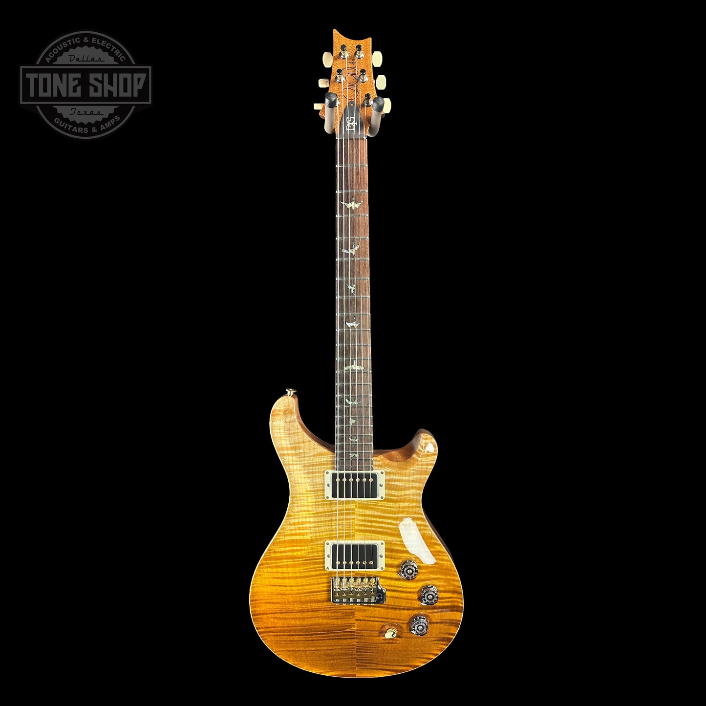 Full front of PRS TSG Anniversary Wood Library Artist DGT Gold Storm Fade Brazilian Rosewood.