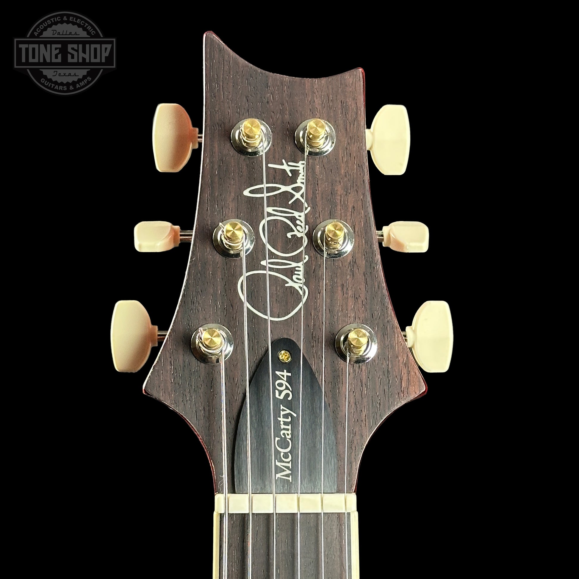 Front of headstock of PRS Paul Reed Smith McCarty 594 Hollowbody II 10 Top McCarty Sunburst.