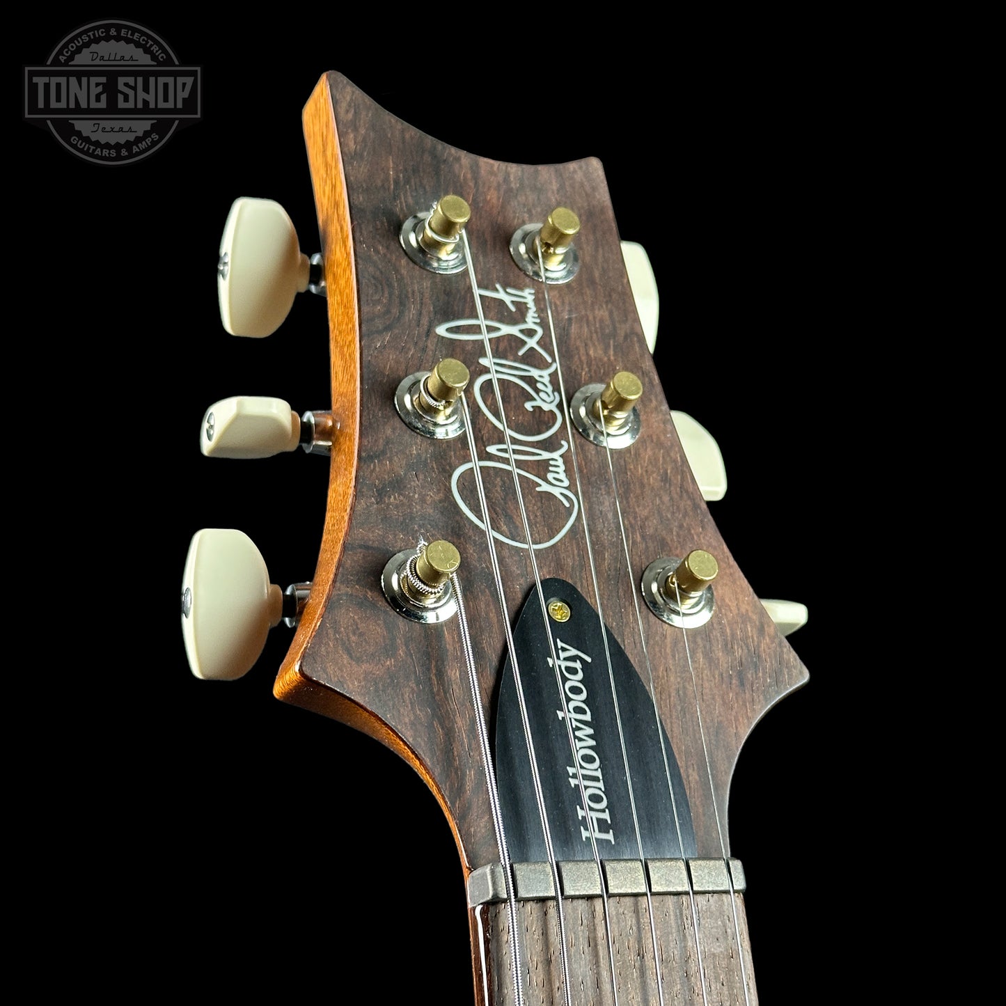 Headstock of PRS Wood Library Hollowbody II Piezo 10 top Eriza Verde Smokeburst Brazilian RW.