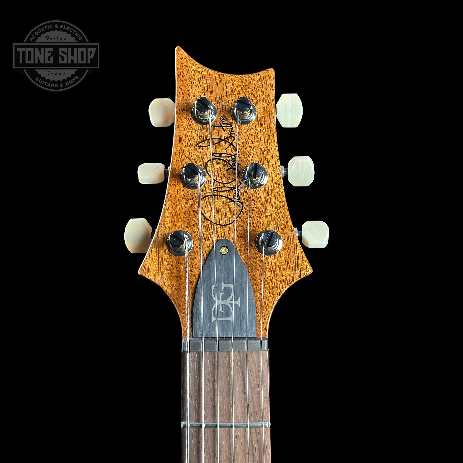 Headstock of PRS TSG Anniversary Wood Library Artist DGT Frostbite Smokeburst.