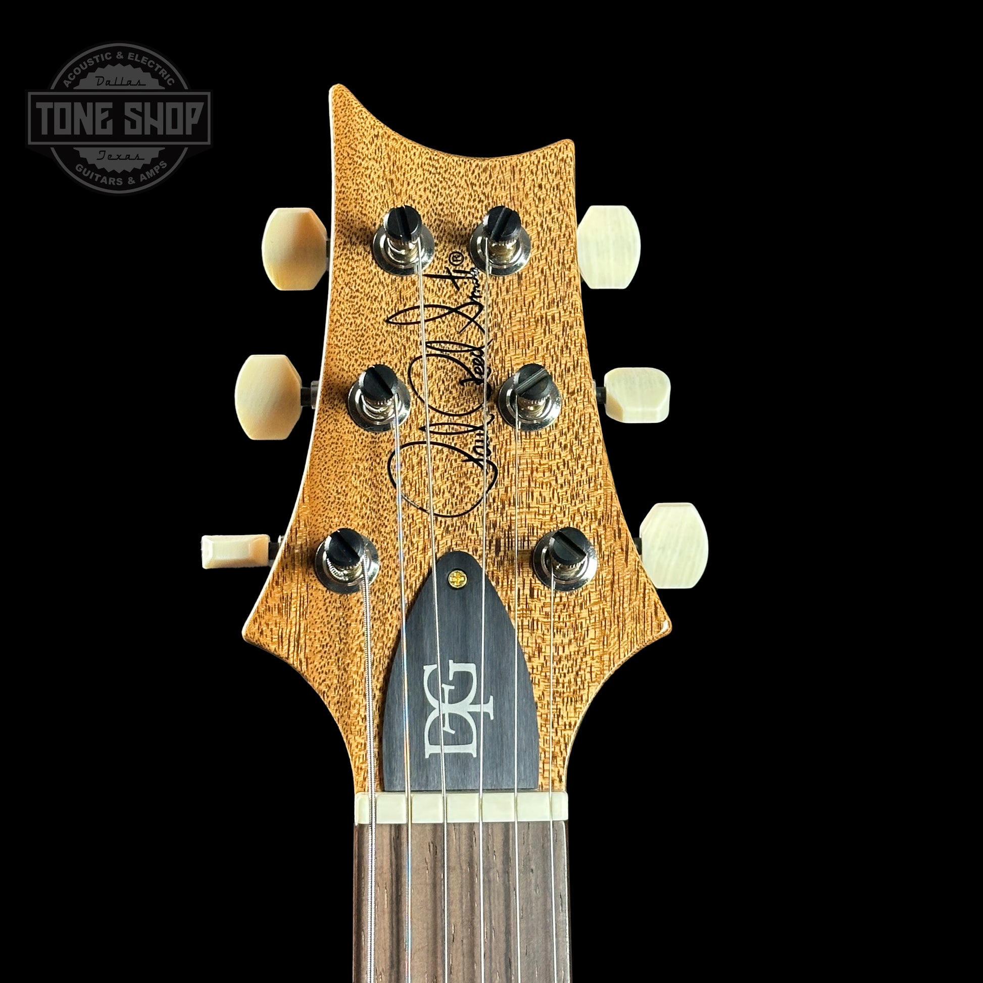 Front of headstock of PRS TSG Anniversary Wood Library Artist DGT Frostbite Brazilian Rosewood.