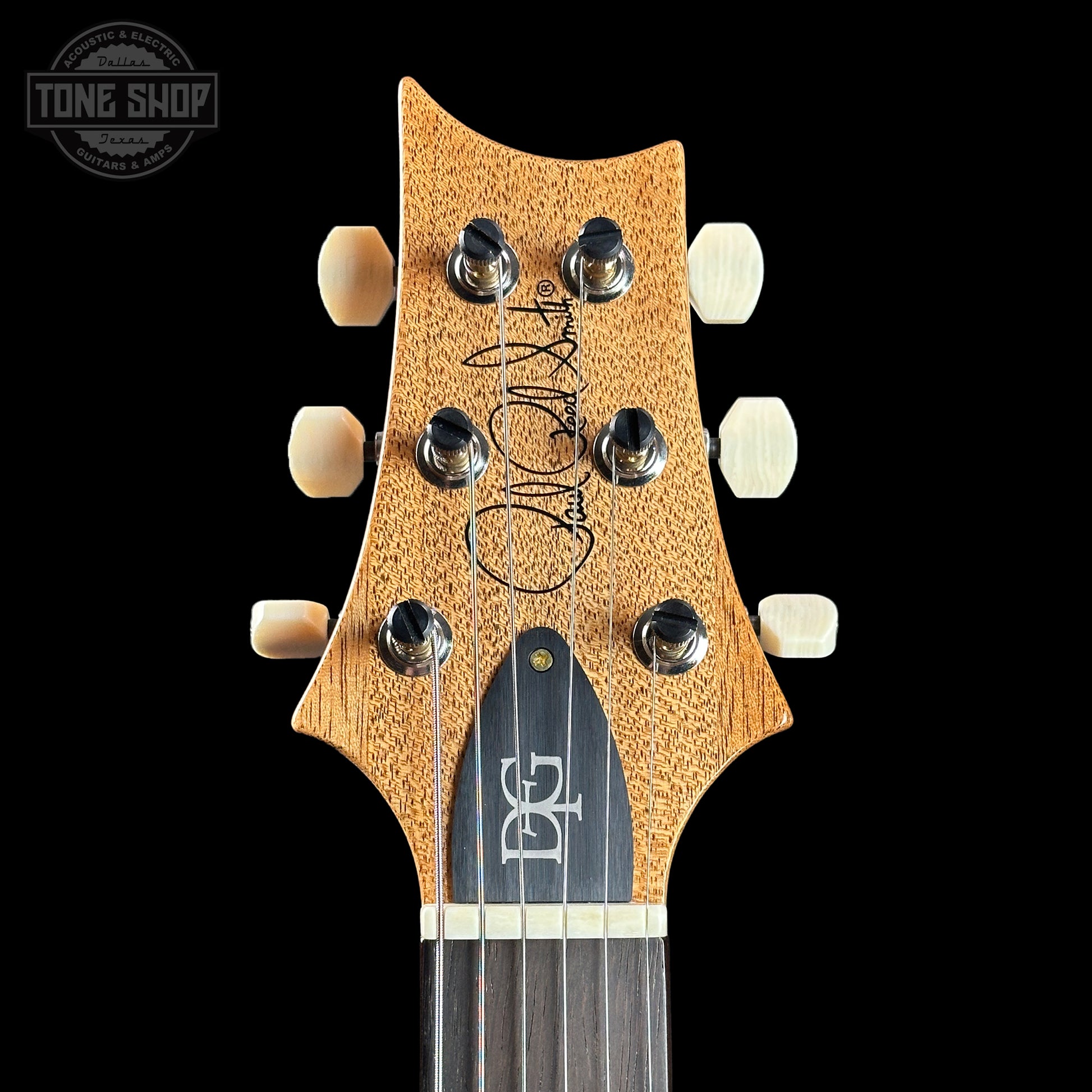 Front of headstock of PRS TSG Anniversary Wood Library Artist DGT Frostbite Brazilian Rosewood.