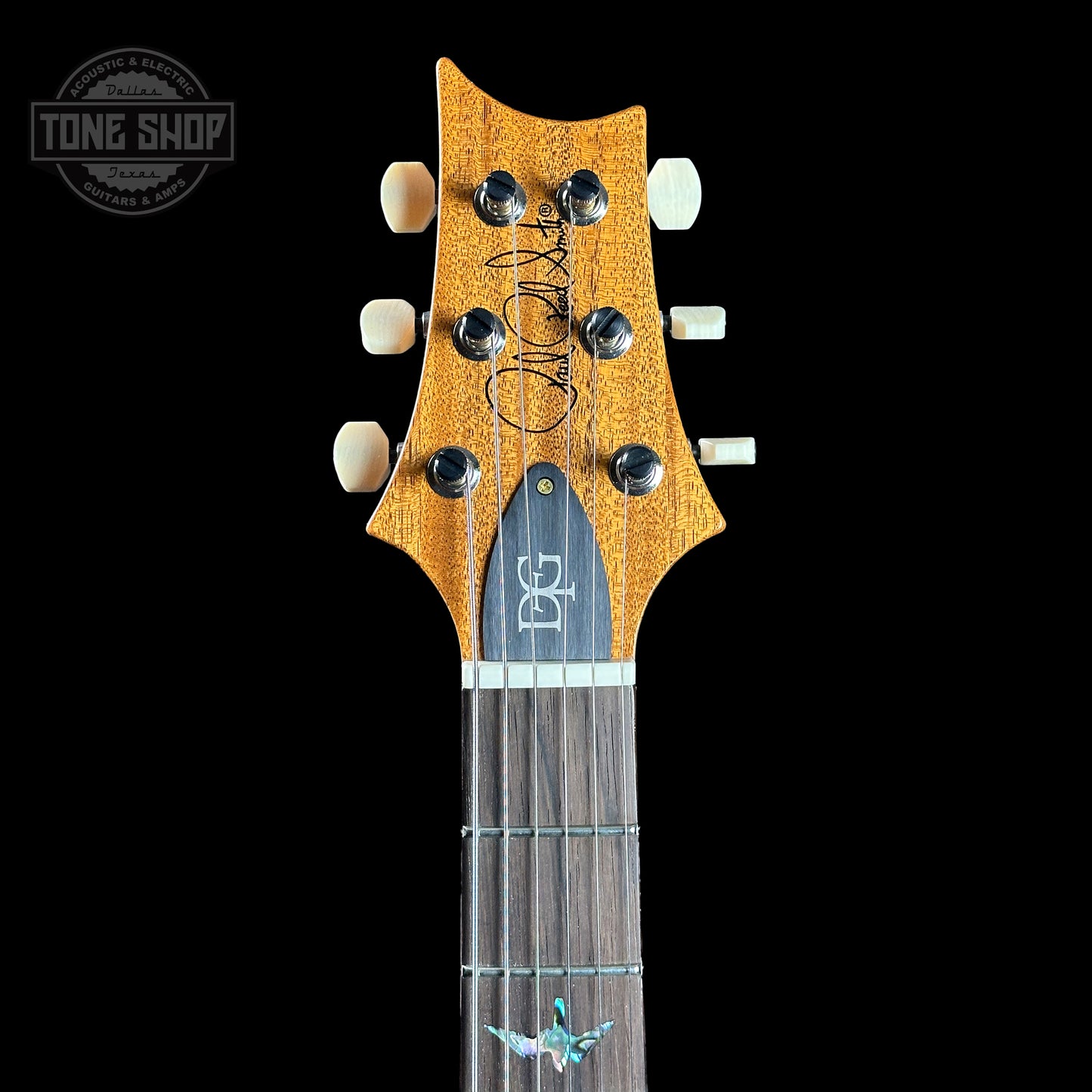 Headstock of PRS TSG Anniversary Wood Library Artist DGT Gold Storm Fade Brazilian Rosewood.