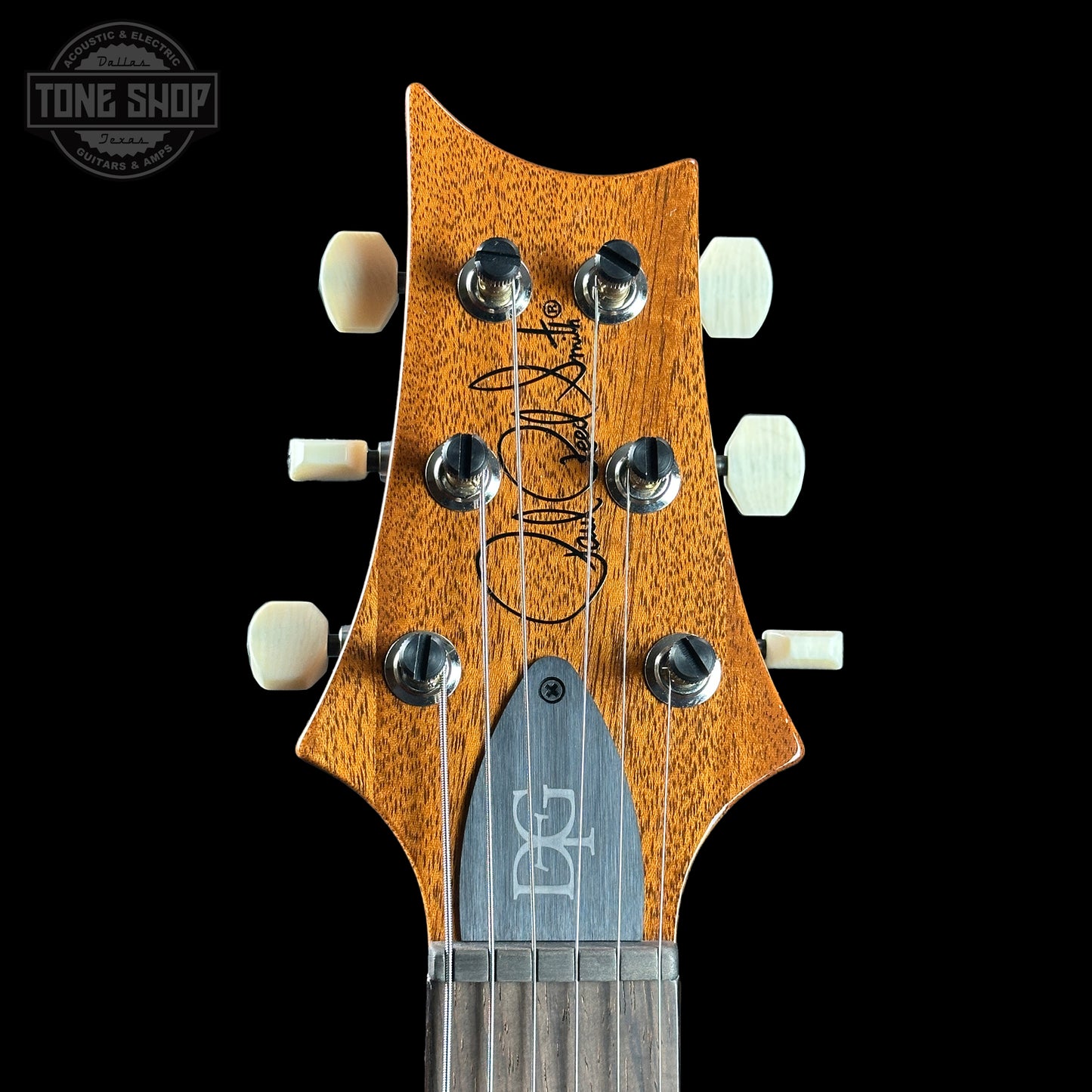 Front of headstock of PRS TSG Anniversary Wood Library Artist DGT Frostbite Brazilian Rosewood.