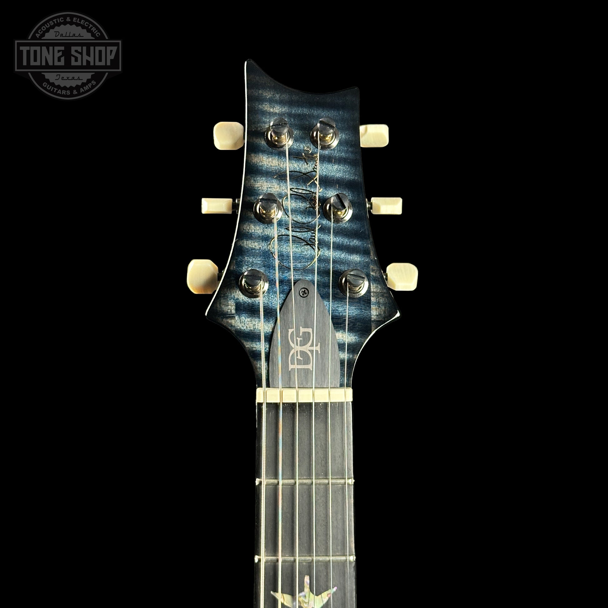 Headstock of PRS Wood Library DGT Faded Whale Blue Smokeburst 10 Top Swamp Ash w/Stained Neck.