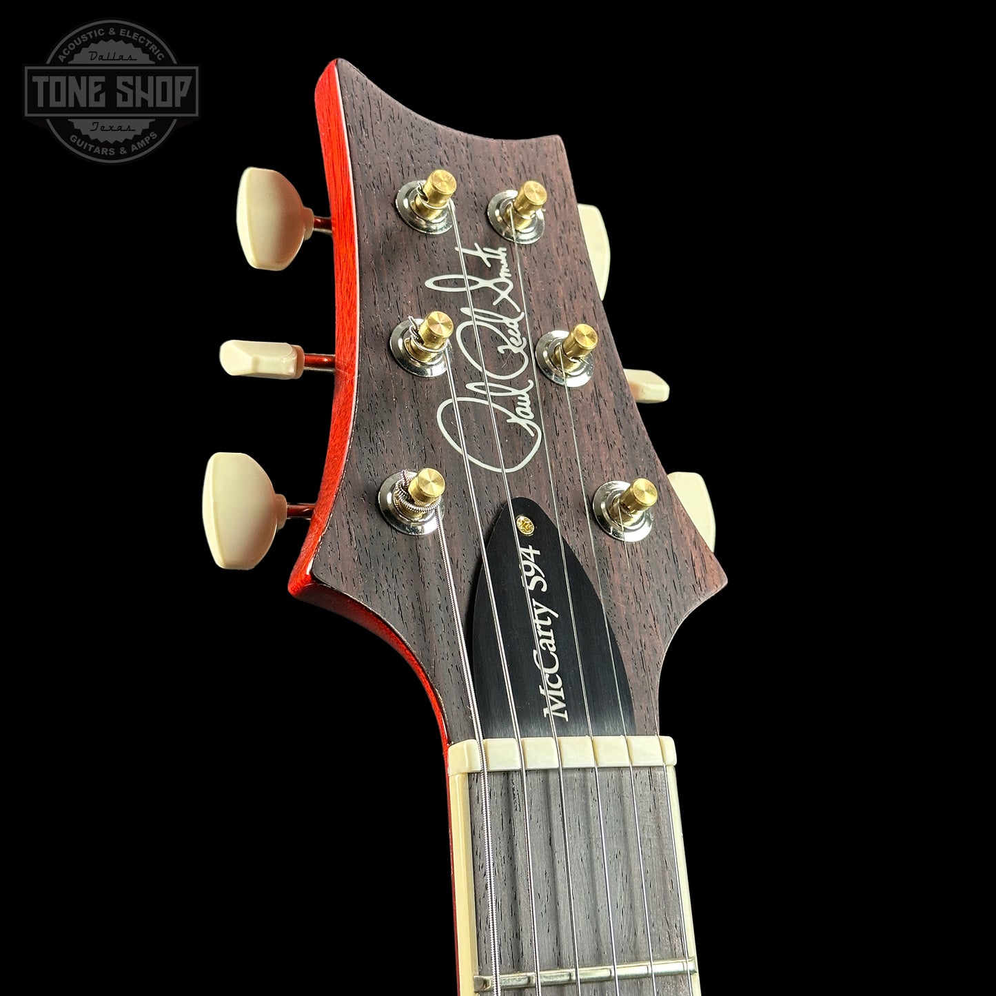 Front angle of headstock of PRS Paul Reed Smith McCarty 594 Hollowbody II 10 Top McCarty Sunburst.