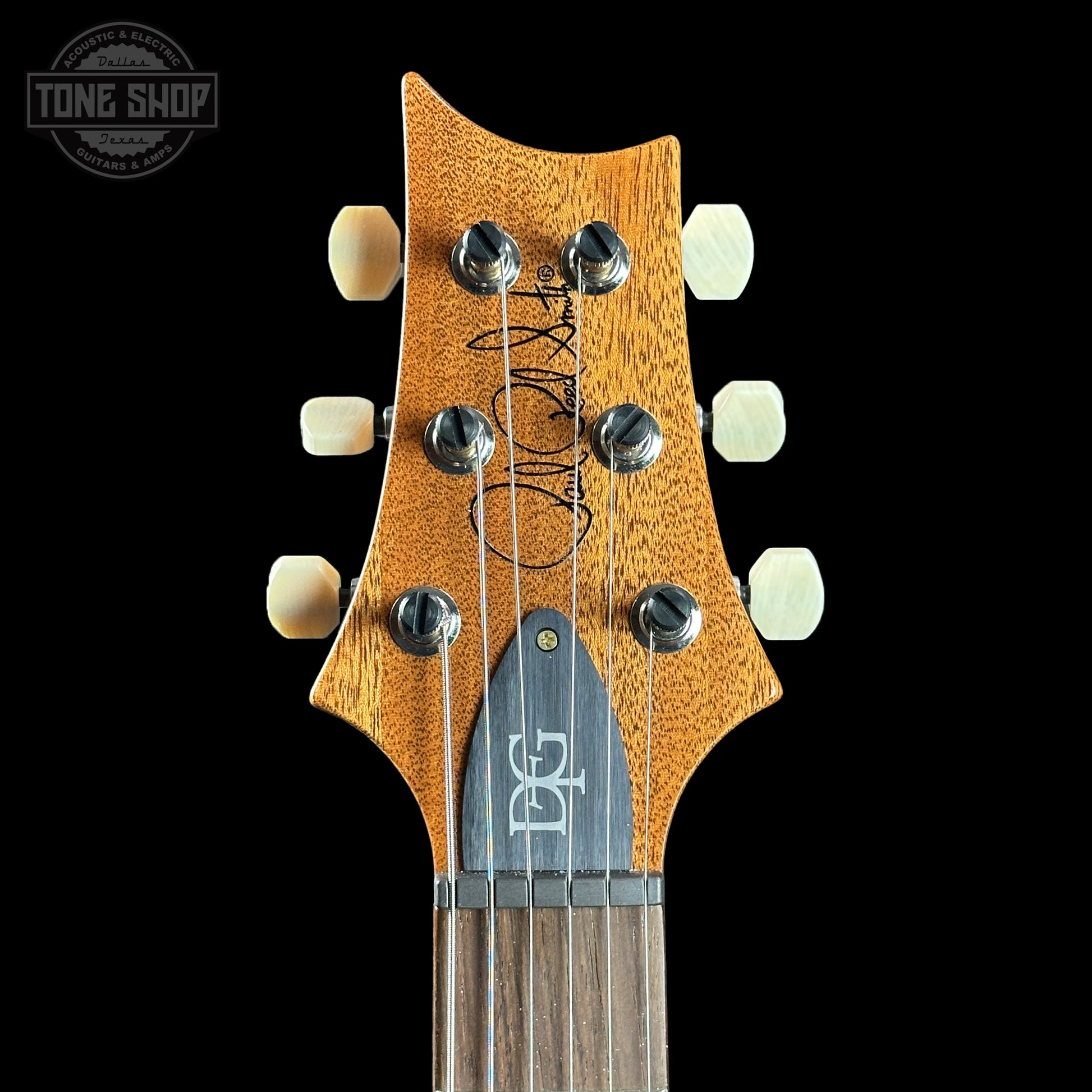 Front of headstock of PRS TSG Anniversary Wood Library Artist DGT Frostbite Smokeburst Brazilian Rosewood.