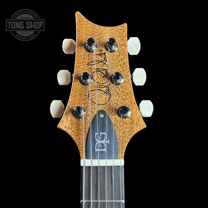 Headstock of PRS TSG Anniversary Wood Library Artist DGT Gold Storm Fade Brazilian Rosewood.