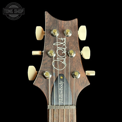 Headstock of PRS Wood Library Hollowbody II Piezo 10 top Eriza Verde Smokeburst Brazilian RW.