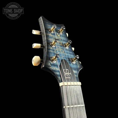 Front angle of headstock of PRS Wood Library DGT Faded Whale Blue Smokeburst 10 Top Swamp Ash w/Stained Neck.