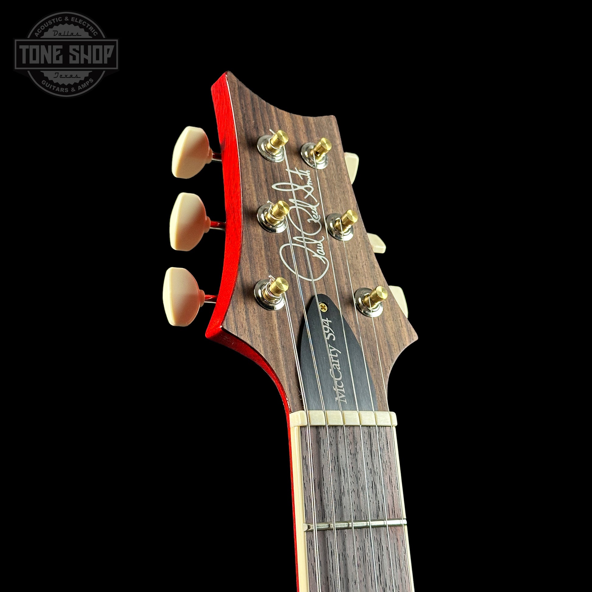 Front angle of headstock of PRS Paul Reed Smith McCarty 594 McCarty Sunburst 10 Top Birds.