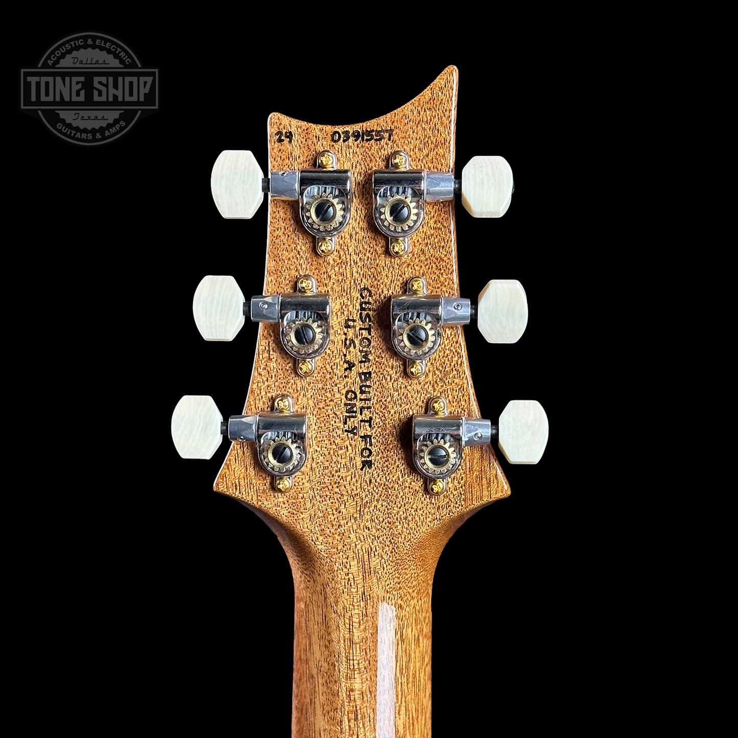 Back of headstock of PRS TSG Anniversary Wood Library Artist DGT Gold Storm Fade Brazilian Rosewood.