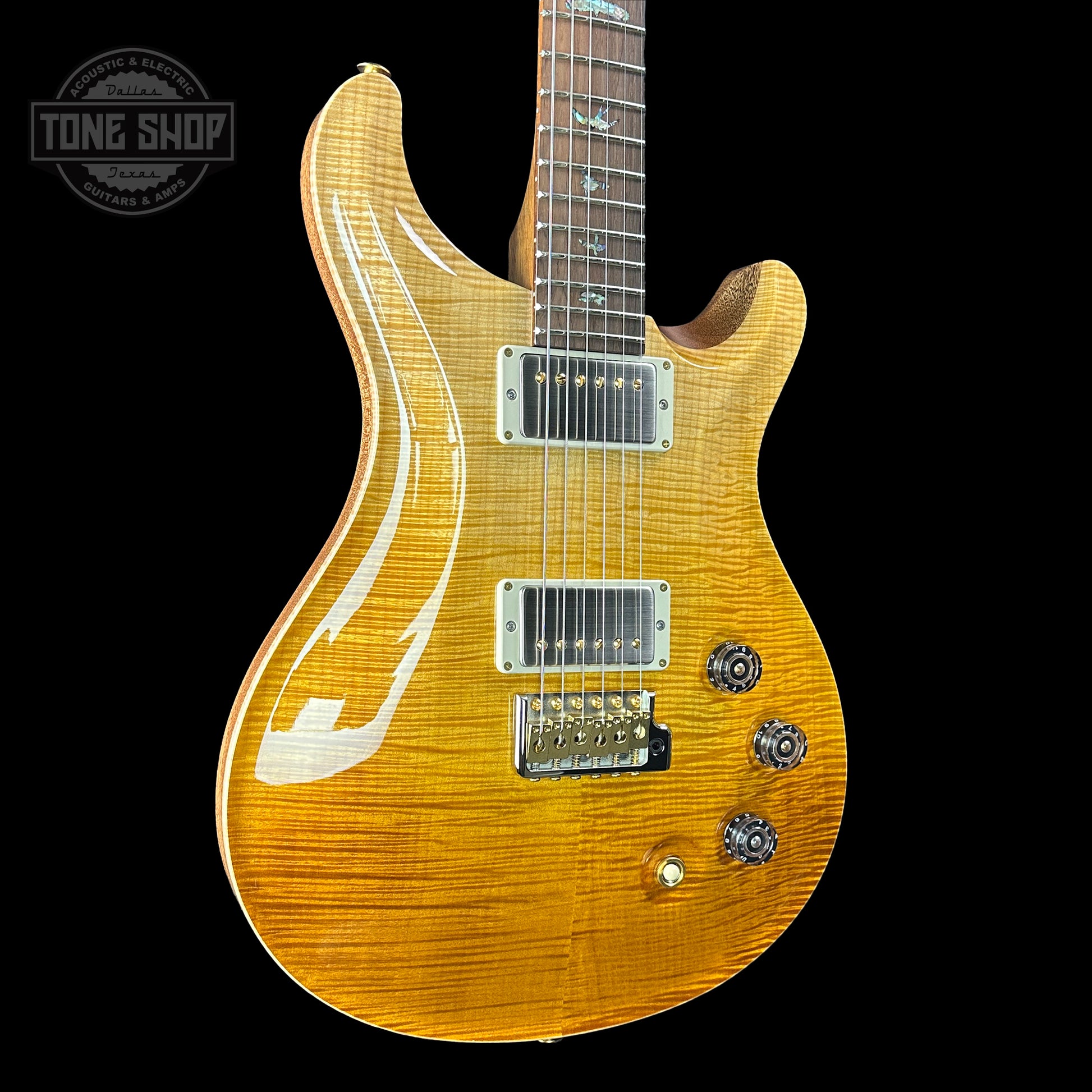 Front angle of PRS TSG Anniversary Wood Library Artist DGT Gold Storm Fade Brazilian Rosewood.