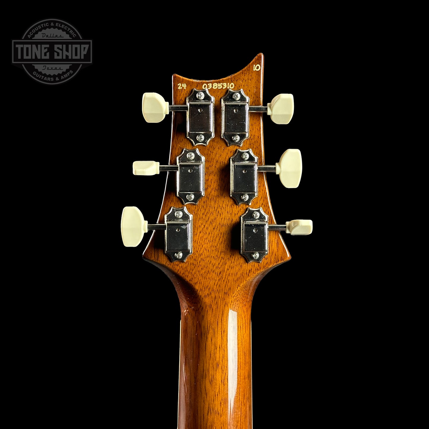 Back of headstock of PRS Wood Library McCarty 594 10-top Quilt Livingston Lemondrop.