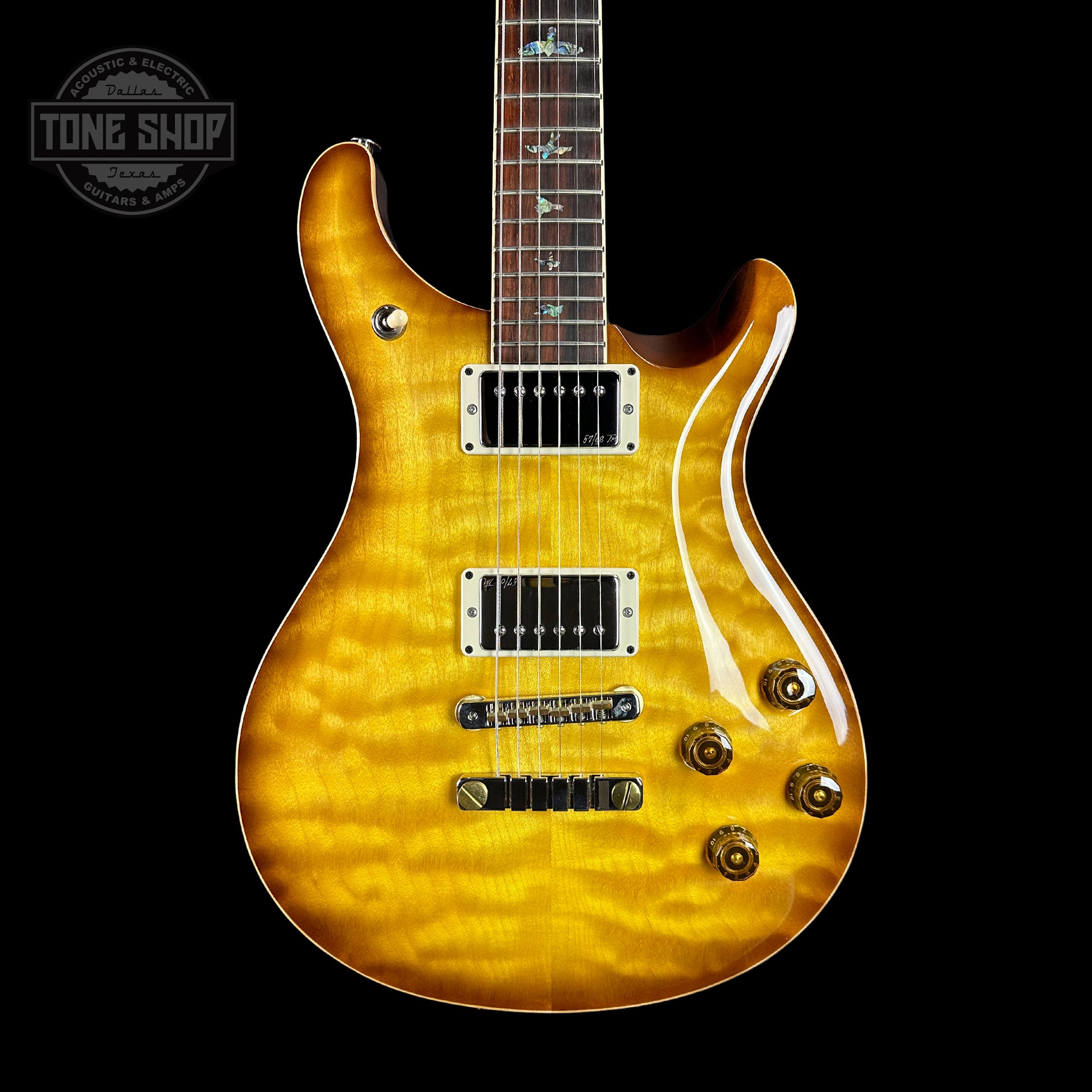 Front of PRS Wood Library McCarty 594 10-top Quilt Livingston Lemondrop.