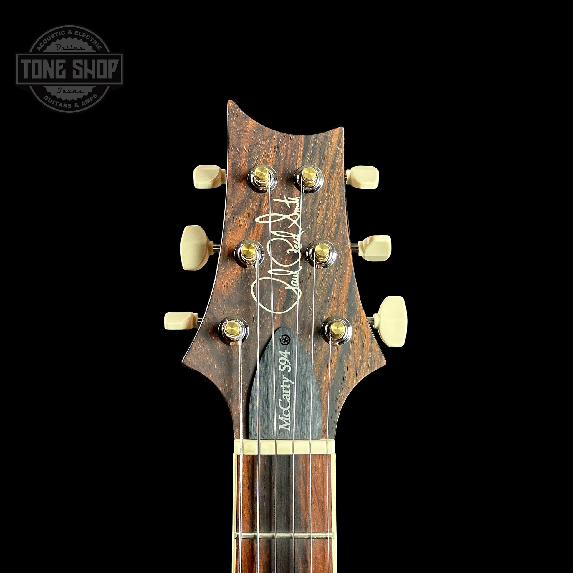 Front of headstock of PRS Wood Library McCarty 594 10-top Quilt Livingston Lemondrop.