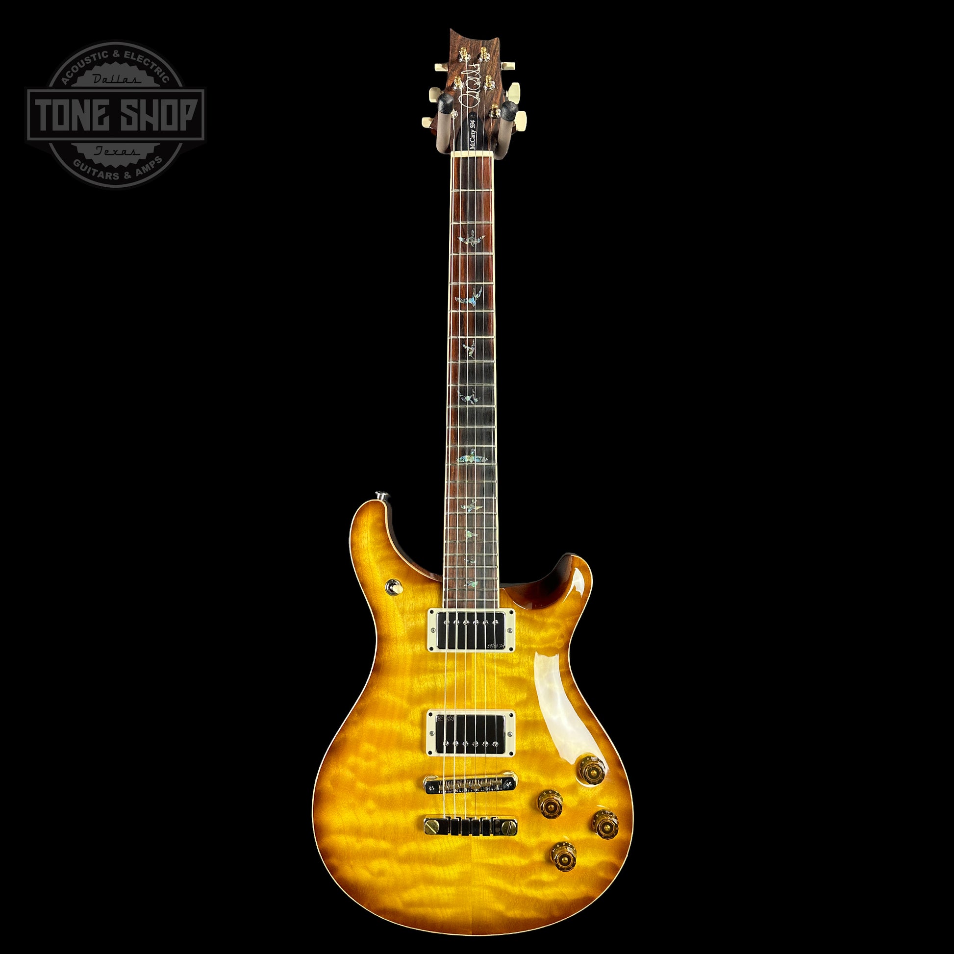 Full front of PRS Wood Library McCarty 594 10-top Quilt Livingston Lemondrop.