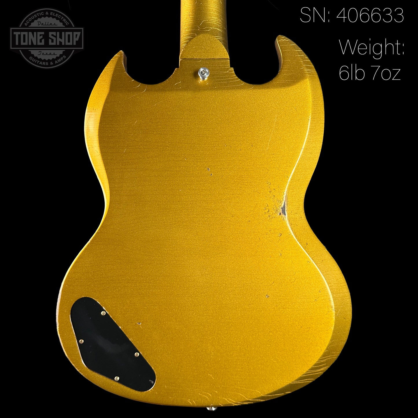 Back of Gibson Custom Shop M2M 1963 SG Junior w/64 Neck Double Gold Murphy Lab Light Aged w/Stinger.