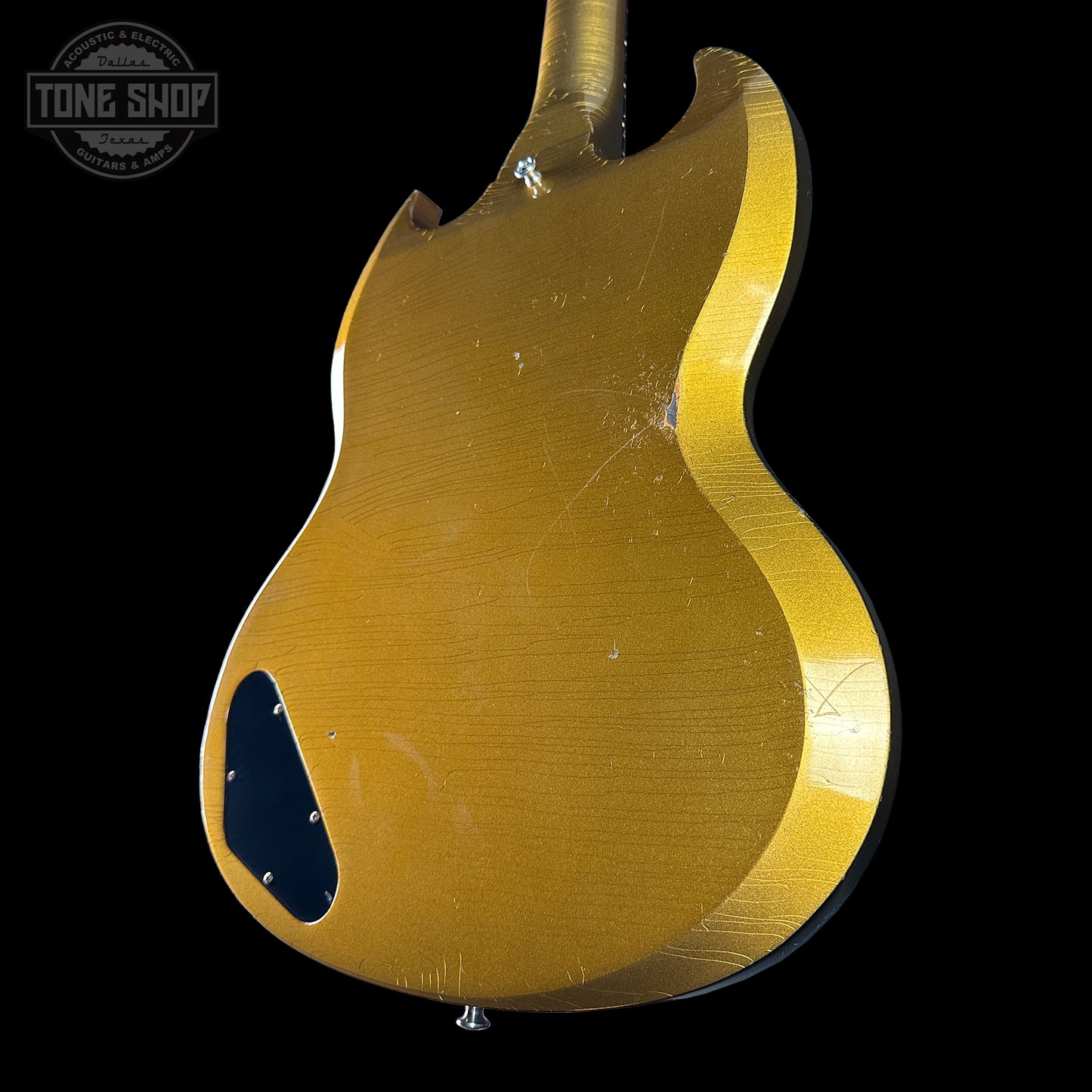 Back angle of Gibson Custom Shop M2M 1963 SG Junior w/64 Neck Double Gold Murphy Lab Light Aged w/Stinger.