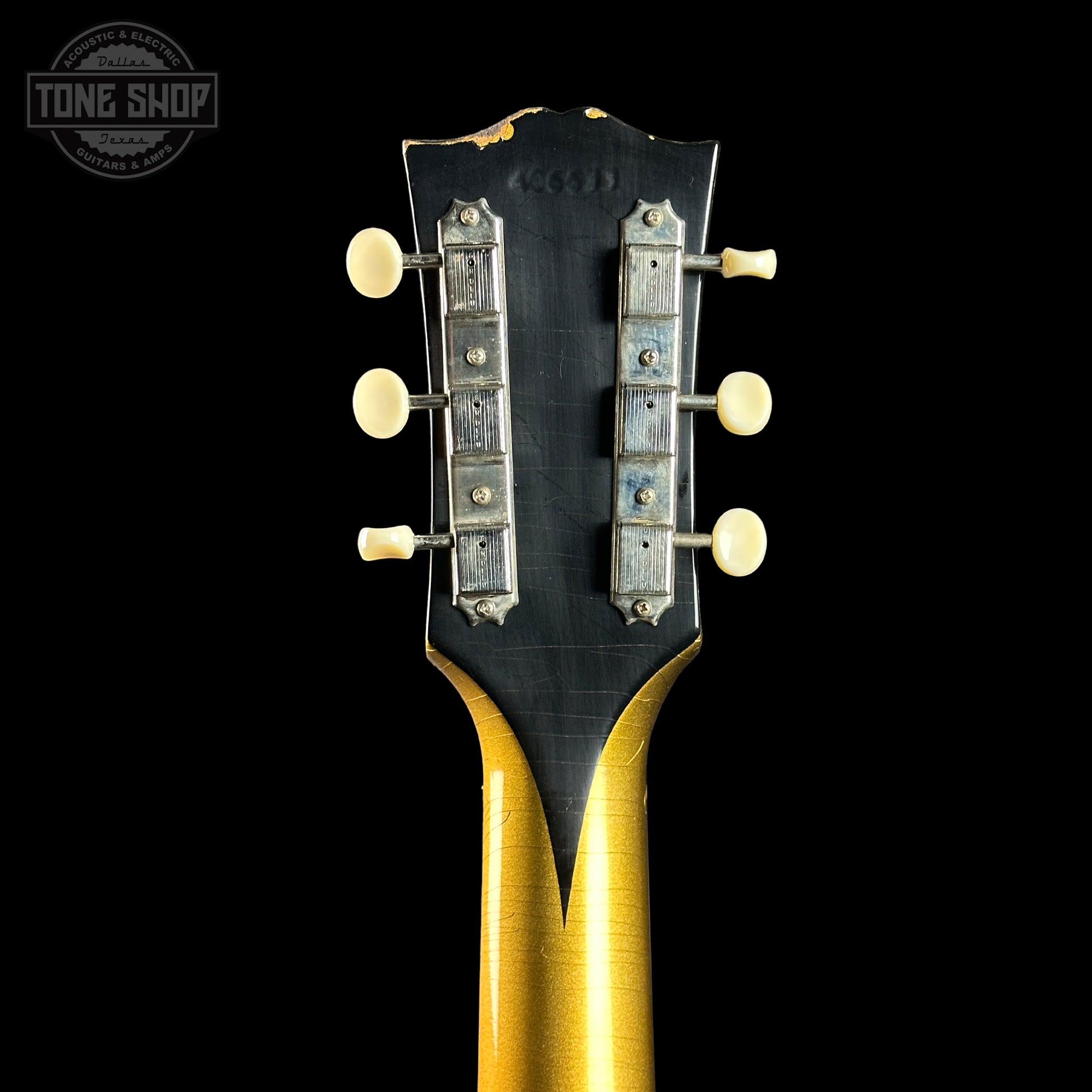 Back of headstock of Gibson Custom Shop M2M 1963 SG Junior w/64 Neck Double Gold Murphy Lab Light Aged w/Stinger.