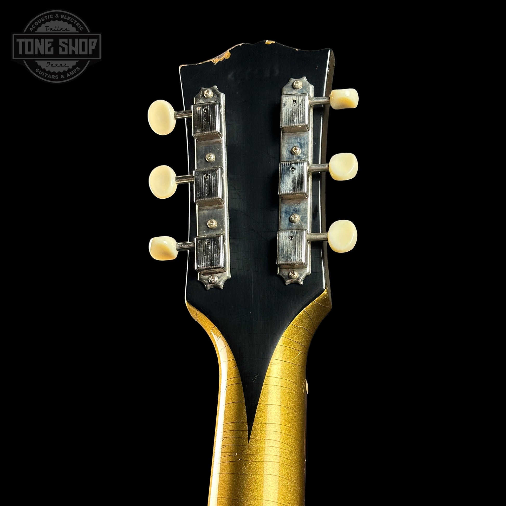 Back of headstock of Gibson Custom Shop M2M 1963 SG Junior w/64 Neck Double Gold Murphy Lab Light Aged w/Stinger.